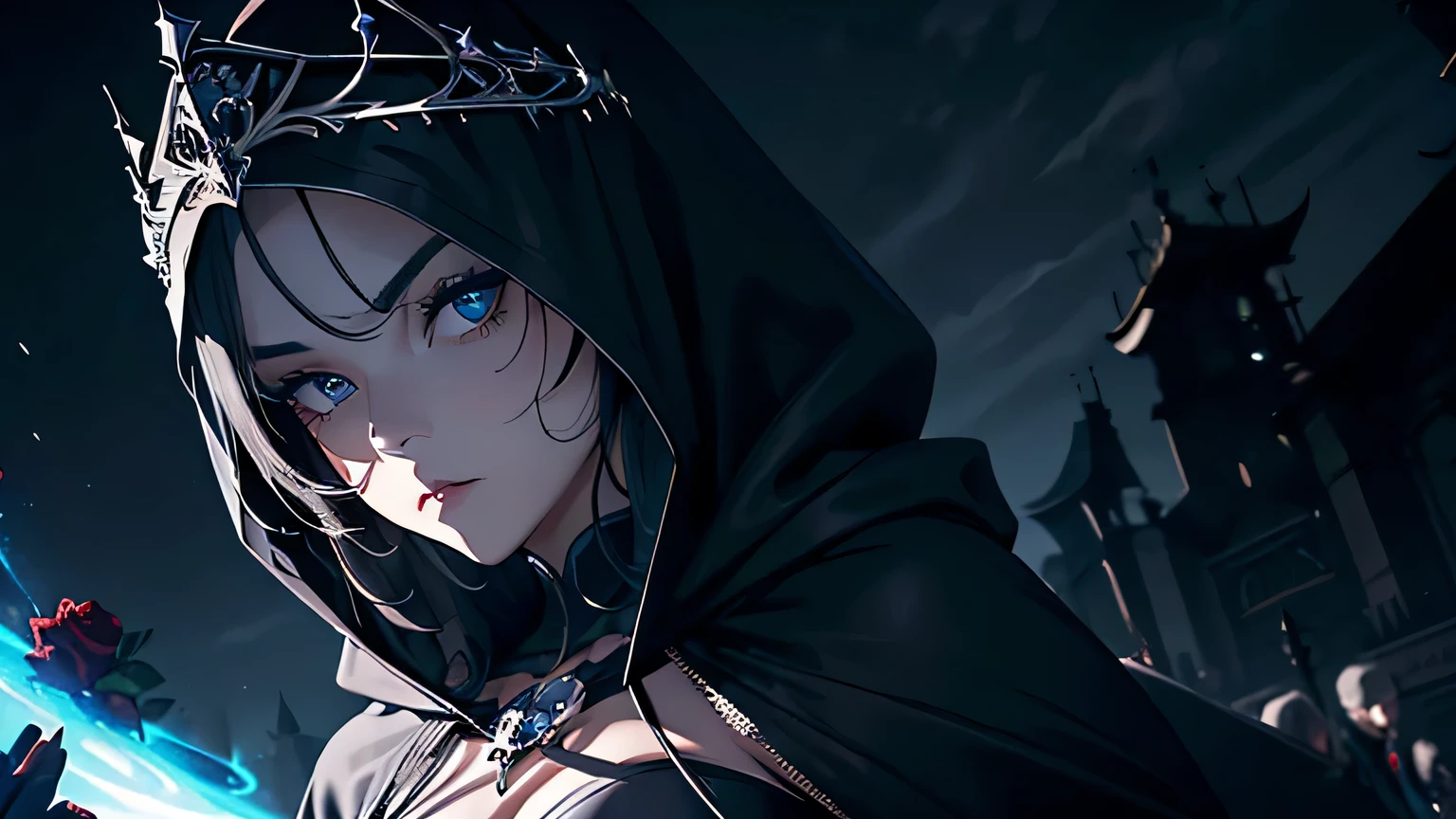 4K, A high resolution, Best quality at best, masterpiece, perfect colors, perfect shadow, perfect litthing, ((sportrait)), 1woman, fit-muscled body, bright yellow eyes,dark blue hair , blue eyes, With round lenses, The audience watched carefully, (s face: 1.2), Perfect female figure, ((standing)), ((beautiful queen in black dress suite, tight crop top, wraping in luxurious dark hooded robes, dark roses and skull adorn her cloth, (tiara,roses,skull ornamental,black,dark))), ((shy and looking at viewert)), (Perfect thick white eyebrows) Delicate fur, 详细s face, s the perfect face, At a fantasy dark city , (model pose standing), energetic background, perfect dark city skyscape, lighting atmosphere, ((Bonifasko lighting)), (The round lenses on his eyes)(詳細な目), Perfect student, ((face close up))