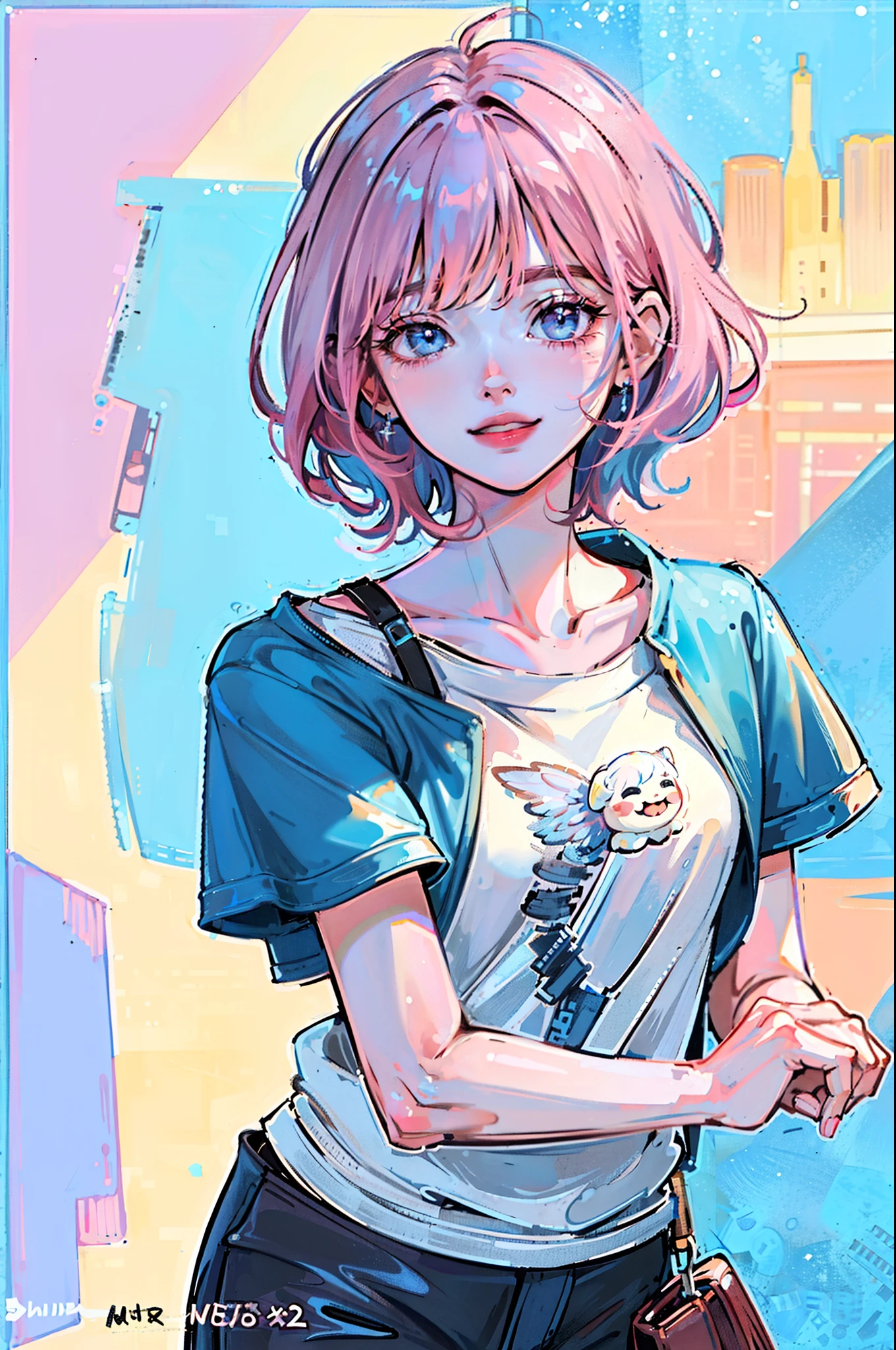 (super-detailed CG unified 8K wallpaper, masterpiece, highest quality, super-detailed), (best lighting, best shadows, extremely delicate and beautiful), bright smile and winking . He wears a t-shirt and leather jacket, his short (pink hair, Light blue inner hair) hair swishing, framing his beautiful face perfectly. Her blue eyes are luminous, a look of concern