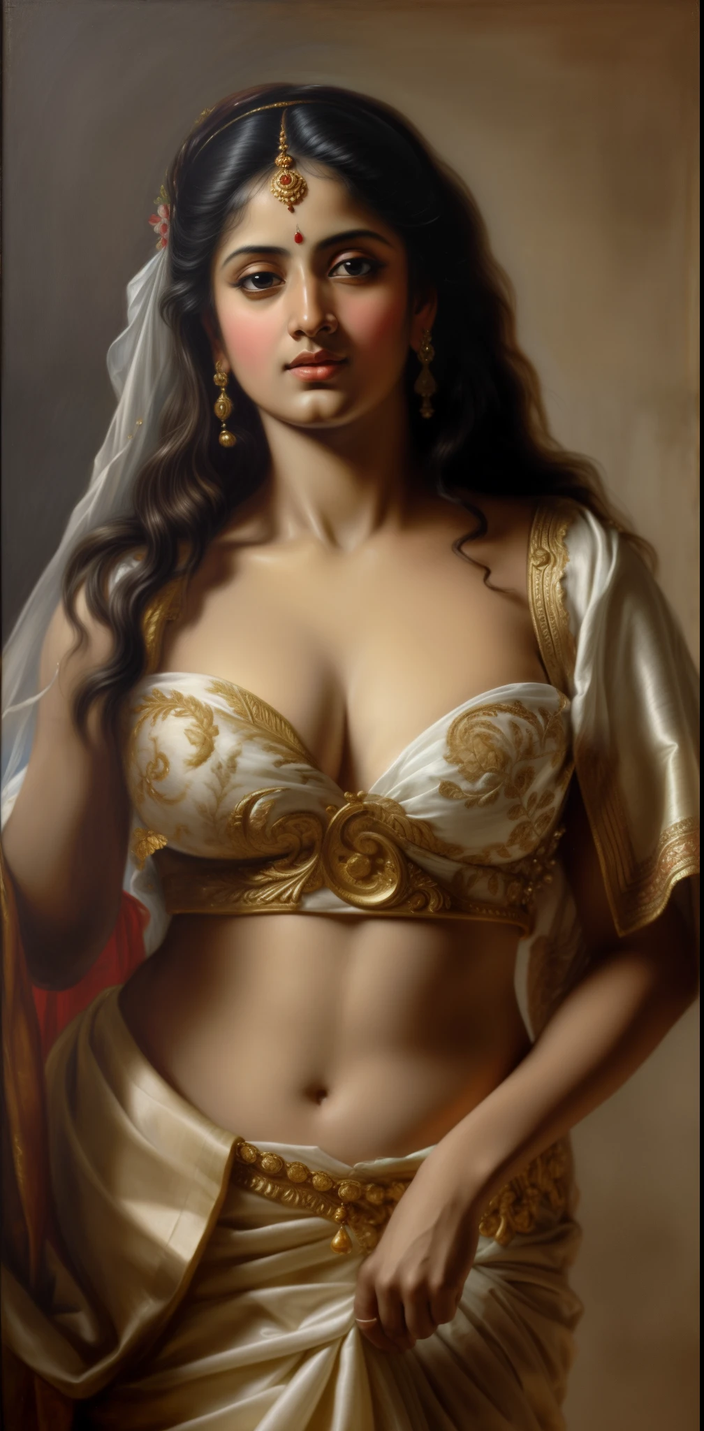 Beautiful Indian Woman, wearing saree, sari Beauty, gorgeous, Apsara, Maharani, royal queen woman, nymph from Hindu Mythology, Urvashi, matchless beauty, Highly detailed, Oil Painting by Peter Paul Rubens inspired by Raja Ravi Varma, Matchless beauty, captivating, gorgeous, heavenly beauty, celestial beauty, by Peter Paul Rubens, 1893, realistic, hyper realistic, micro details, incredible artwork, insane details, ultra High resolution, 8k, 32k, acrylic on canvas, intricate, flawless, detailed, detailed face, detailed eyes, masterpiece, by Peter Paul Rubens, by Caravaggio, by William Adolphe bouguereau, perfect face, perfect body, beautiful art, realism, baroque, renaissance Art, highly textured, beautiful and detailed eyes, uhd, best quality,