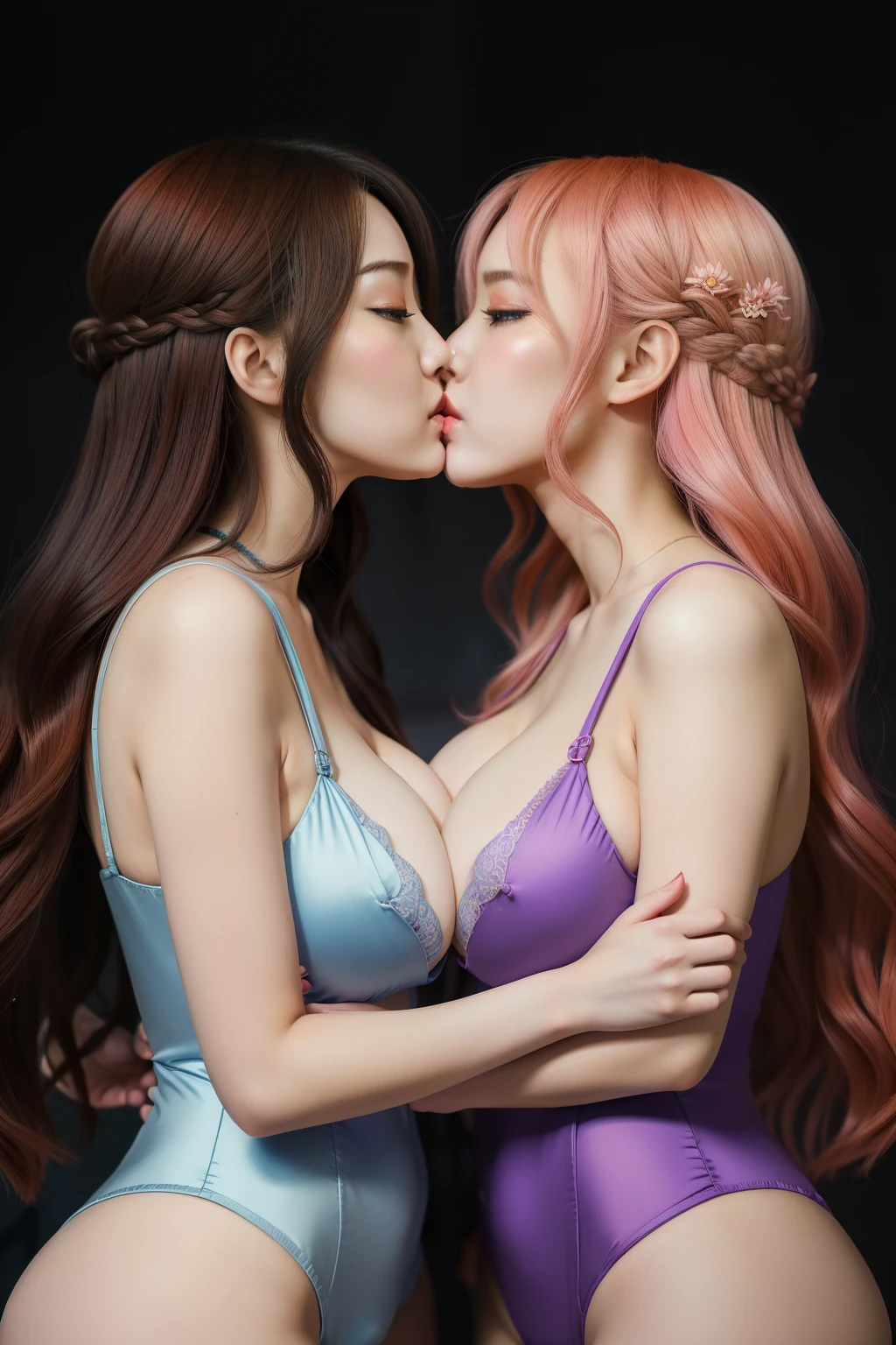 there are two women in lingersuits are posing for a picture, wlop and sakimichan, female link and malon kissing, lesbian art, artwork in the style of guweiz, kissing together cutely, loish and wlop, two beautiful girls, with ((huge breasts)), wlop and rossdraws, alena aenami and angel wicki