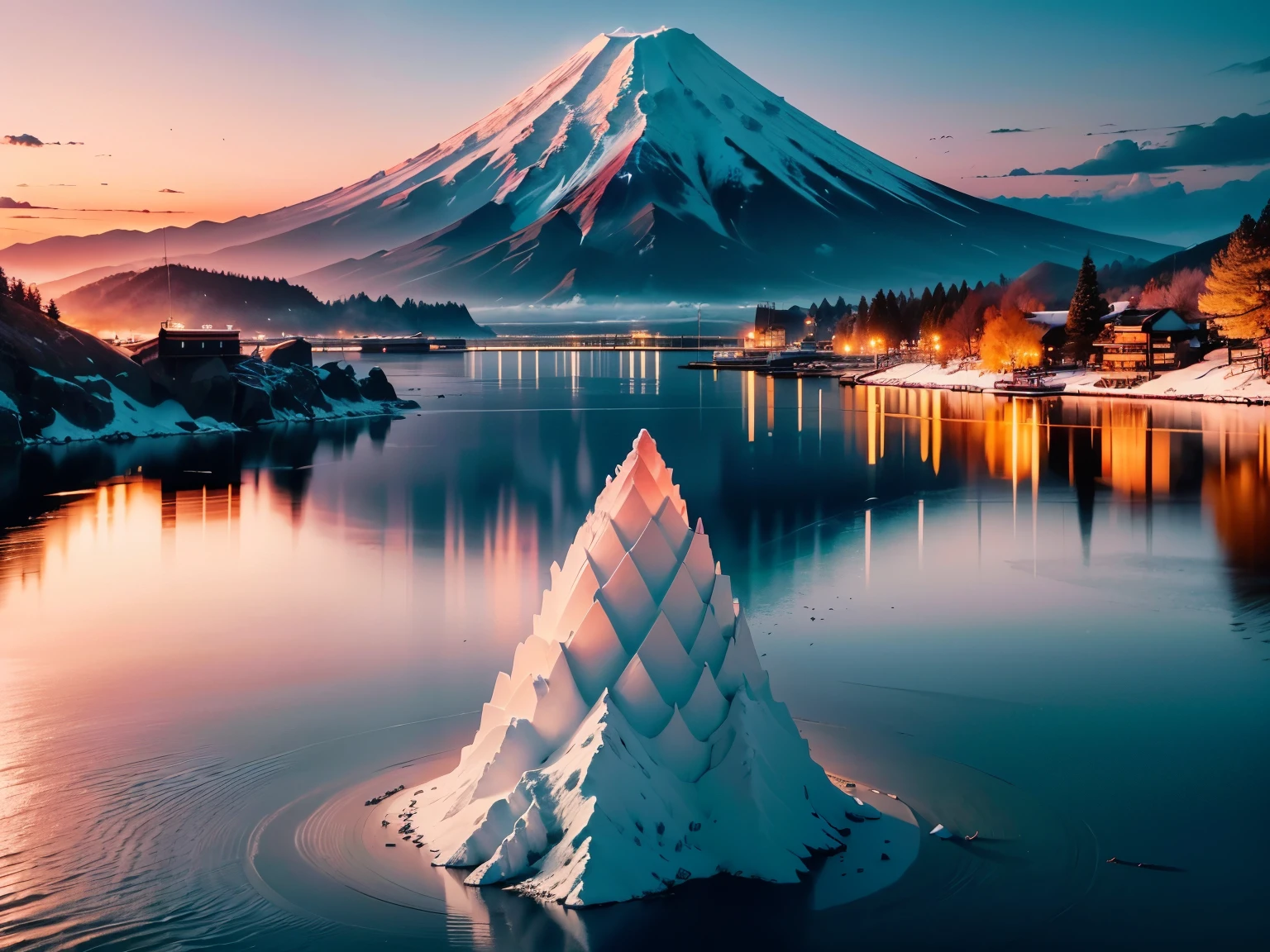 (8K, realistic, RAW photo, highest quality,Depth of the bounds written: 1.4),oranges mixed together、Enchanting sunset on the beach, pink and yellow in the sky. the water is crystal clear,The main feature is Mt. Fuji with snow on the summit.、Mt. Fuji is dynamic、Mt. Fuji with an artistic atmosphere、Mainly Mt.Fuji、And the white sand continues endlessly. The scenes are action-packed and breathtaking, Seagulls soar high in the sky and gently sway. Immerse yourself in the calm atmosphere、Please be surrounded by silence.nostalgic、Mainly Mt.Fuji、