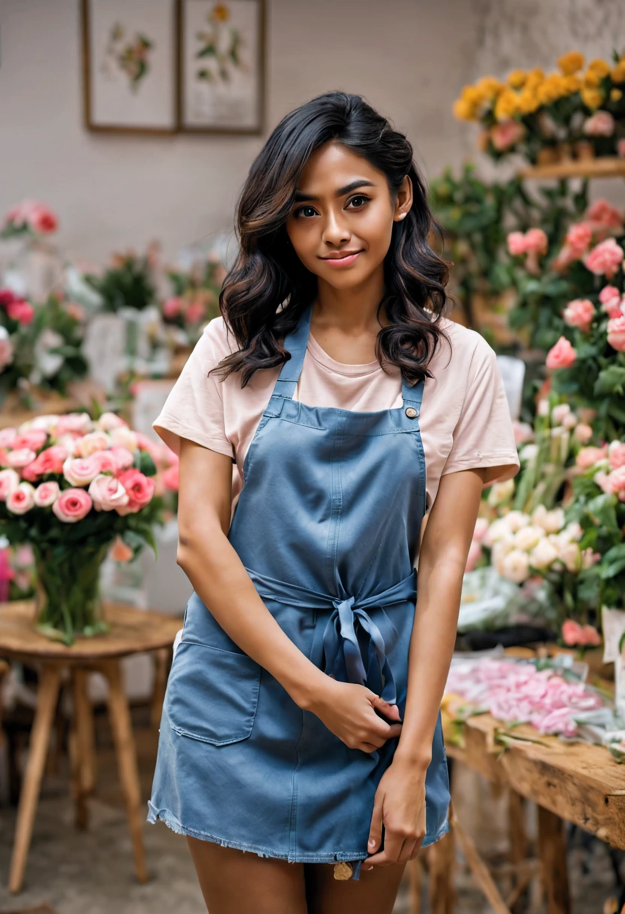 (on the table, the art of mathematics, digital illustration, 4k, 8k, super detailed, super wide angle, depth of field, flower shop背景, nice picture, clear image, lifelike, original photo, perfect face, perfect lines, perfect eyes, soft light) 1 indian woman, (black hair,flowing long hair,Long curly hair,Naturally messy hair,Bronzed skin,hairpin,Serious and mature look,drooping eyebrows,tearful eyes,round face,Innocence,cute little,big eyes,natural makeup,smile friendly,huge ,short,28 is a novel:1.3),1 man wearing glasses, (human nature,Man wearing casual T-shirt,Loose crew neck,muscular,Shoulders broad and firm,adult male,horn cutting,denim,apron,A man in his 30s,Blurred expressions:1.2),flower shop,flower shop店面,shopkeepers and clerks,Job Listings,Ribbons of different colors,Different types of flowers,Many flowers,店内Many flowers,(nervous,Shy,Sleepy,Embarrassment comes from:1.1),open your thin mouth,standing pictures,flower arrangement,An innocent smile,looking at camera,Dating,(Pink rose bouquet,flower arrangement:1.1),white lace shirt,Delivering,Lots of ribbons,pack