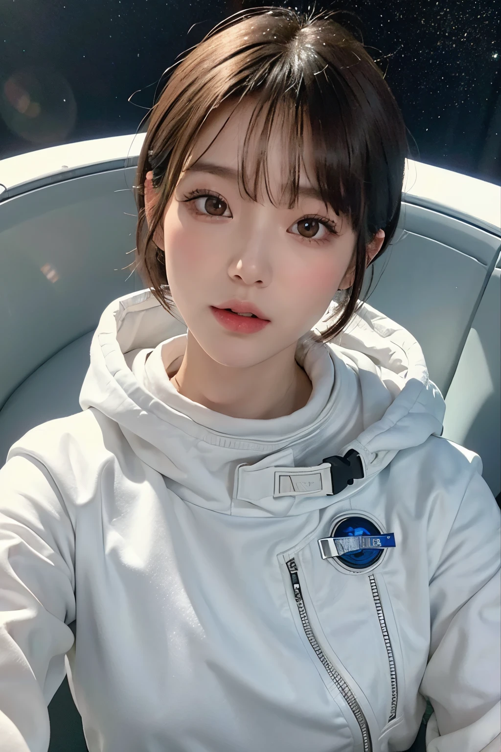 highest quality、masterpiece、ultra high resolution、(real:1.4)、Beautiful woman1、Beautiful details of eyes and skin、light brown short cut hair、perfect space suit、spaceship、snow原、snow、