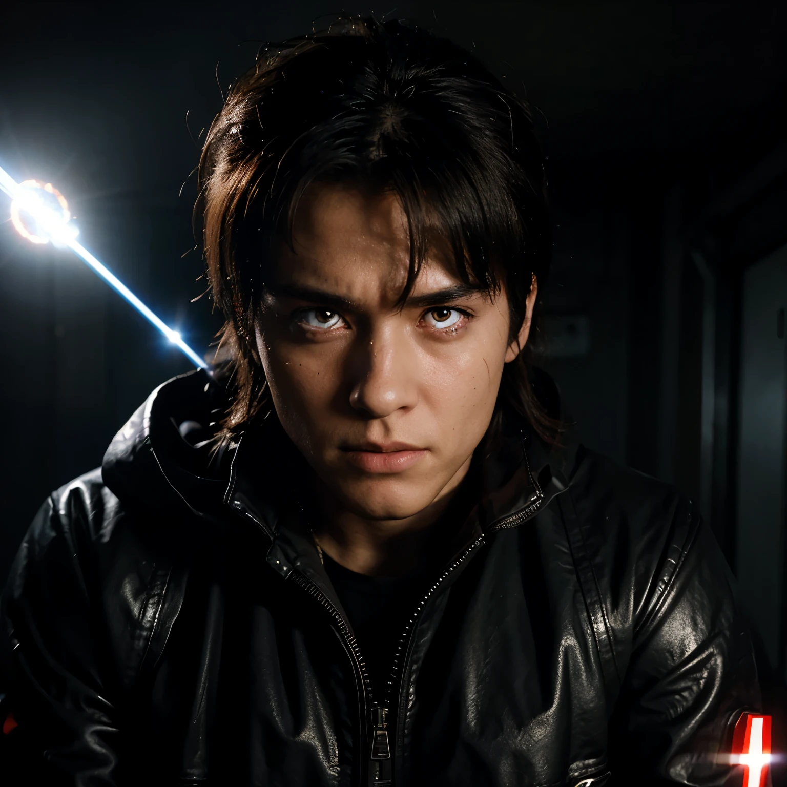 Terminator, anime, left hand as a futuristic laser weapon, rizz guy, name lyame
