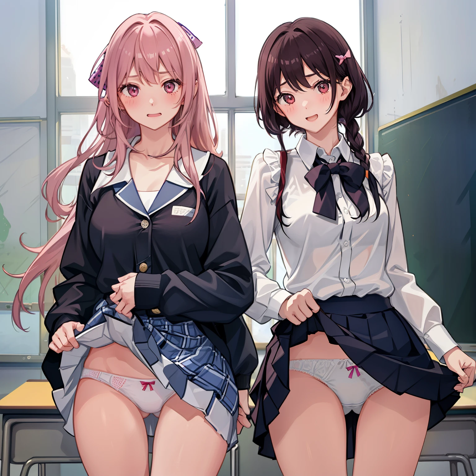 ((2 girls))、laughter、blush、shirt、のskirt、、((fun!))（small breasts）、chiralism、hair、()、(黒いskirt:1.3)、bow, button, 襟の付いたshirt, long sleeve, マイクロskirt, プリーツskirt、(Jacket)、 skirt, socks, thighs, 白い shirt, ((classroom:1.5))，(skirtを掴む:1.5)、 (perfect hands, perfect anatomy),cowboy shot、(skirt lift:1.3),(highly detailed white panties:1.3)、(highly detailed panties:1.3)、、(skirt that rolls up:1.3)、(fully exposed panties:1.5)、