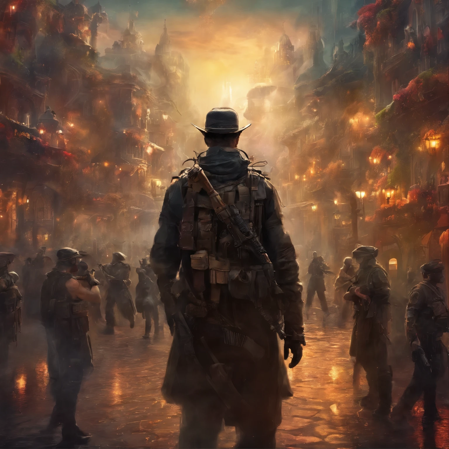 (A nice dystopian city enjoying the festival: 1.3), lights and flourishing of joy, A military muscular middle age man, in disguise, (killing some patrol guards in a city: 1.2), furious, angry, masterpiece, ultra HD, photorealistic