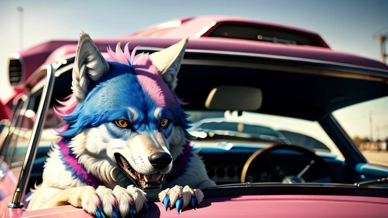 hot wolf furry, male, blue and pink fur, pink and blue eyes, in a mustang 1969,