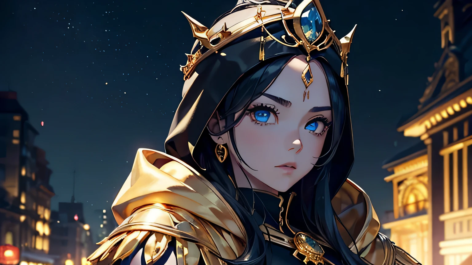 4K, A high resolution, Best quality at best, masterpiece, perfect colors, perfect shadow, perfect litthing, ((sportrait)), 1woman, fit-muscled body, bright yellow eyes，dark blue hair , blue eyes, With round lenses, The audience watched carefully, (s face: 1.2), Perfect female figure, ((standing)), ((beautiful queen in gold dress suite, tight crop top, wraping in luxurious gold hooded robes, gold roses and skull adorn her cloth, (gold tiara, gold roses, gold skull ornamental, gold, dark))), ((shy and looking at viewert)), (Perfect thick white eyebrows) Delicate fur, 详细s face, s the perfect face, At a fantasy dark city , (model pose standing), energetic background, perfect dark city skyscape, lighting atmosphere, ((Bonifasko lighting)), (The round lenses on his eyes)(詳細な目), Perfect student, ((face close up))