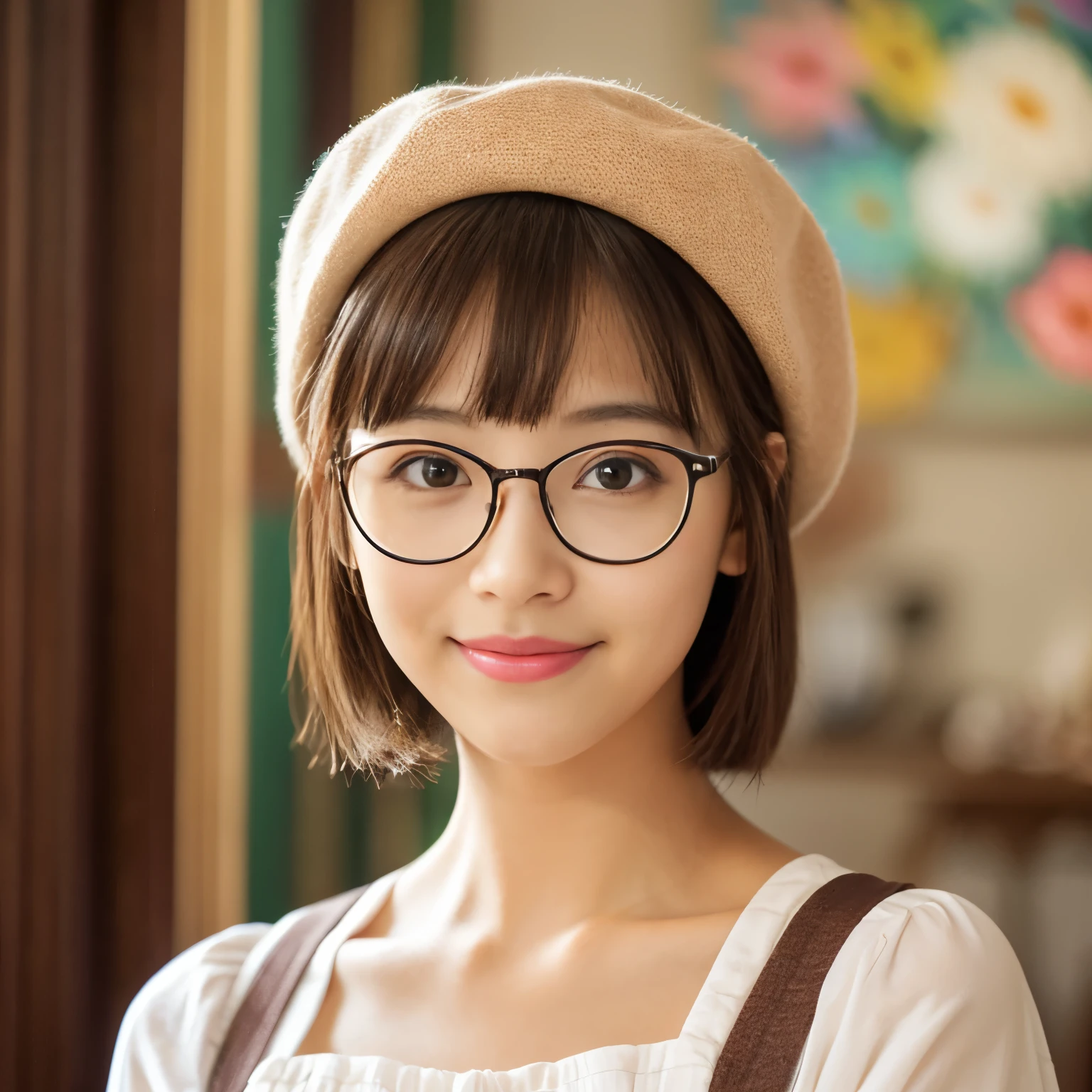 Japan woman wearing glasses、High-quality photos、full bodyesbian、japanes、femele、Wearing a straw hat、eye glasses、Glasses Girls、realisitic、Shorthair