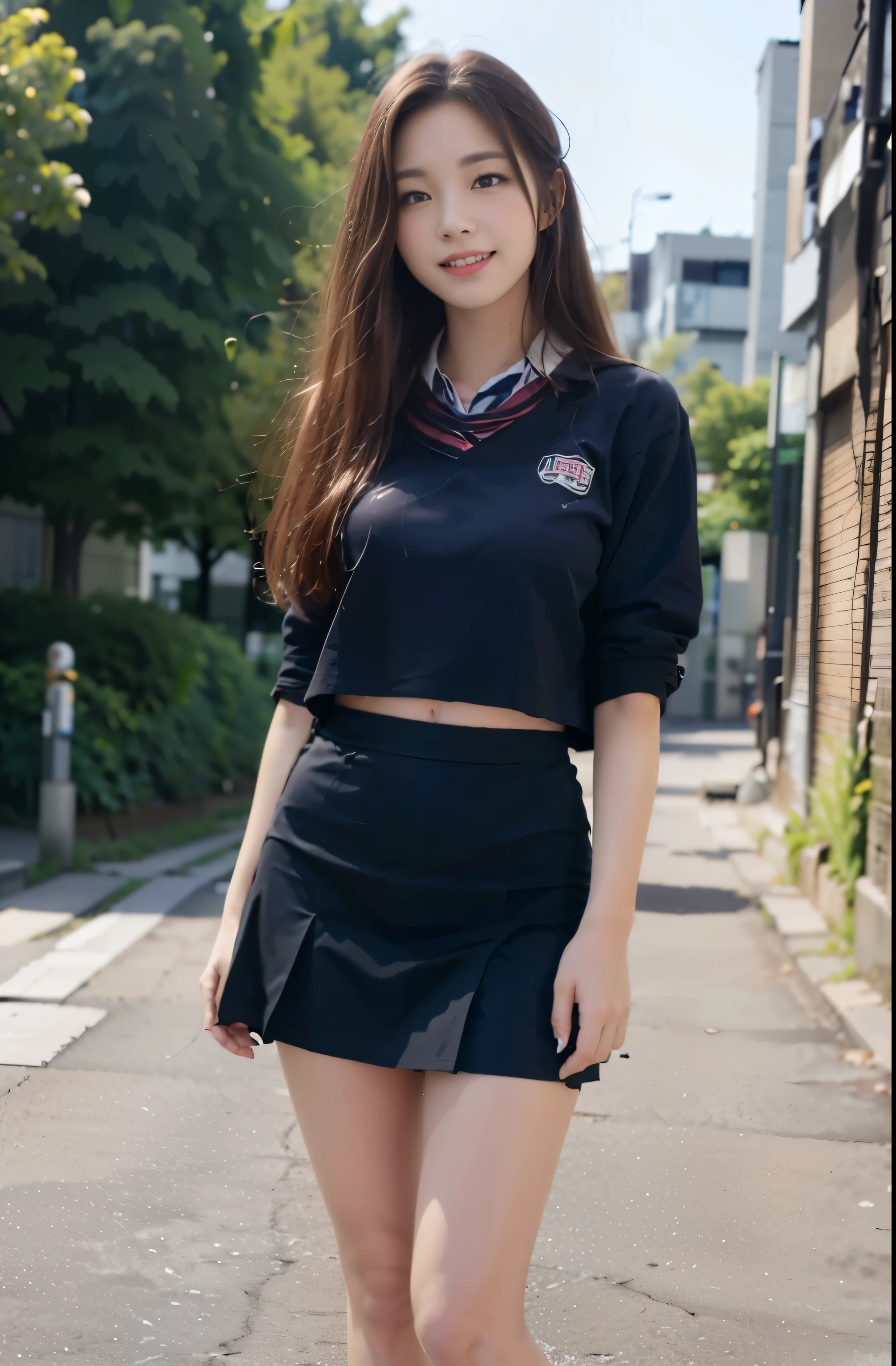 (8k, raw photos, best quality, skill:1.3), (realistic, photo-realistic:1.37), (looking for audience:1.331), (long auburn hair), condescending, tokyo road, night scenery, cyberpunk city, soft light, 1 girl, Very beautiful face , perfect body proportions, (small face: 1.1), slender chest, His hair is thin., flowing white border.,Casual hairstyle, smile, Big eyes, (School uniform slip and short skirt), Mix 4, Detailed eyes