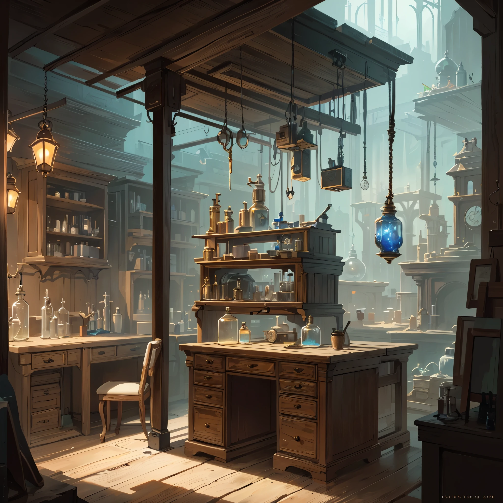 room with desk and chair, fantasy alchemist laboratory, magic laboratory setting, mysterious laboratory, steampunk laboratory, magic lab background, wizards laboratory, surreal sci fi set design, science fantasy painting, 8k high detail concept art, alchemy laboratory, highly detailed matte painting, realistic fantasy render, surrealism 8k,