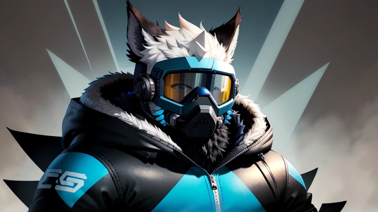 Protogen, stout, male, solo, slightly chubby, calm, claws, short spiky hair, serious expression, (neutral face), black and blue fur, black parka, blue goggles, (goggles on forehead) in a mustang 1969,
