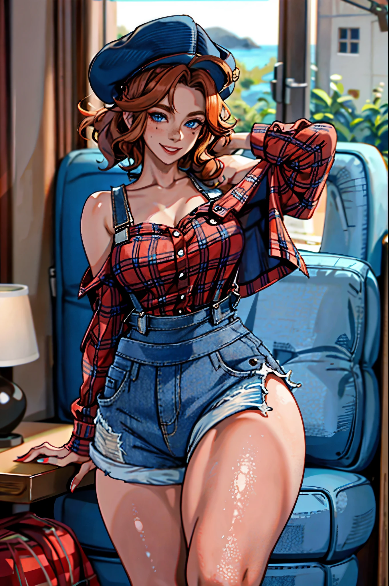 Best quality, solo mature woman, giant breasts, giant ass, very curvy, dark skin, ginger curly hair tied up, ocean blue eyes, full lips, seductive, smiling, red flannel shirt tied short, jean shorts, farmer hat, denim overalls, freckles, thick thighs, curvy physique