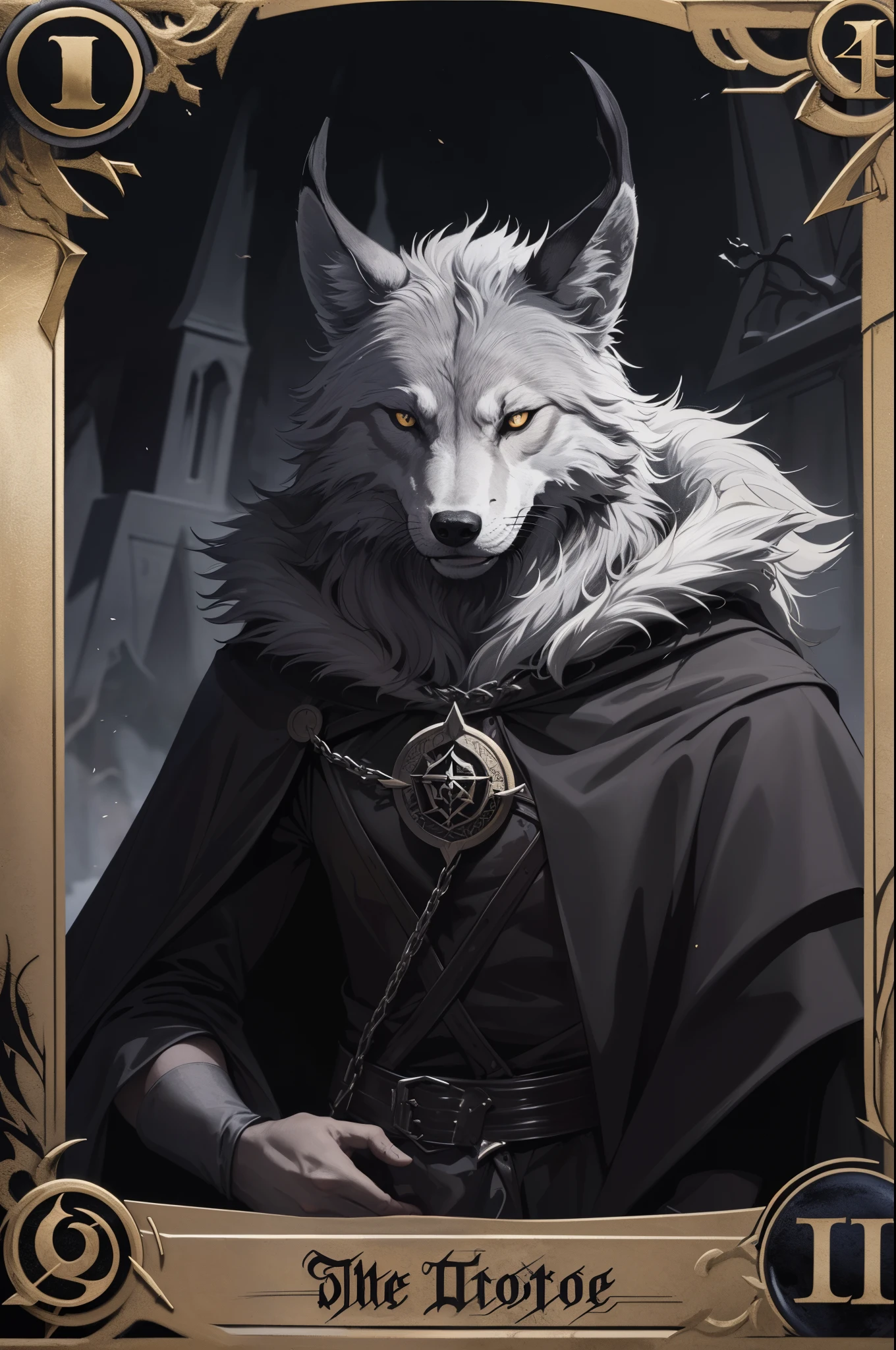 satanic, demonic, tarot card, "the wolf", feral animal, dark imagery, medieval imagery
