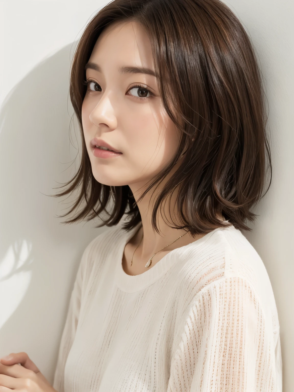 (Highly realistic photos, High resolution, detailed face, fine eyes), ((Taken in front of a white wall))、japanese woman, 40 years old, various expressions, alone:1, slim figure, different hairstyles, casual clothes, Only one person appears in the photo、long sleeve dress、Photographed in natural light、simple necklace、spring clothes、don't look at the camera、profile、dark brown hair color、bob hair、hands are down