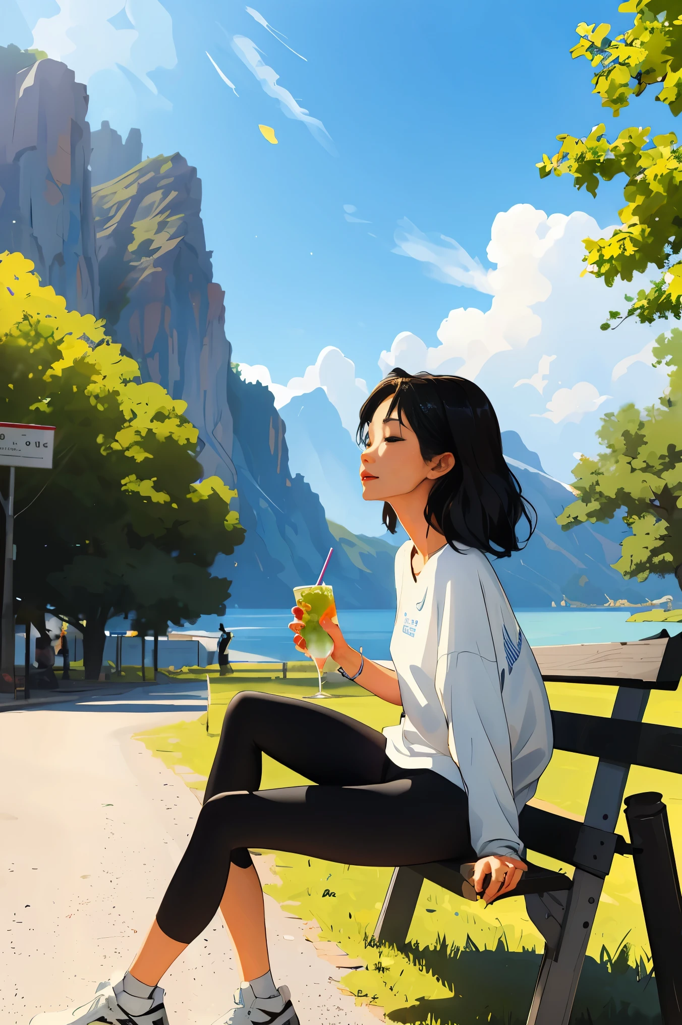 Animated woman drinking a drink sitting on a park bench on a warm afternoon with a lake visible in the distance, Realistic beauty illustration, Animated woman drinks energy drink, with a drink, beautiful picture style, realistic art style, Realistic anime art style, holding a drink, Realistic anime art style, long 생 머리를 단정하게 뒤로 묶음 일리아 쿠브시노프, in anime style, mysterious park woman(masterpiece:1.4), (best quality:1.4),front,Woman wearing tight black leggings and black bra top, 투피스 Sportswear, Sportswear ,On the right is the Adidas logo.,vivid colors, soft focus, light leak, dreamy atmosphere, experimental charm, Retro charm break color field painting, various colors, abstract expressionism, Bold colors, emotional impact, atmospheric depth, MINIMALIST APPROACH BREAK, Beautiful woman, UHD (ultra detail) viewers who see it.., different, fancy, long, 갈색으로 염색한 머리를 뒤로  묶은 long 머리 🌈, leggings clothing, White stardust in dark areas, absurd, high resolution, very detailed, (1 woman : ), vivid colors, soft focus, light leak,