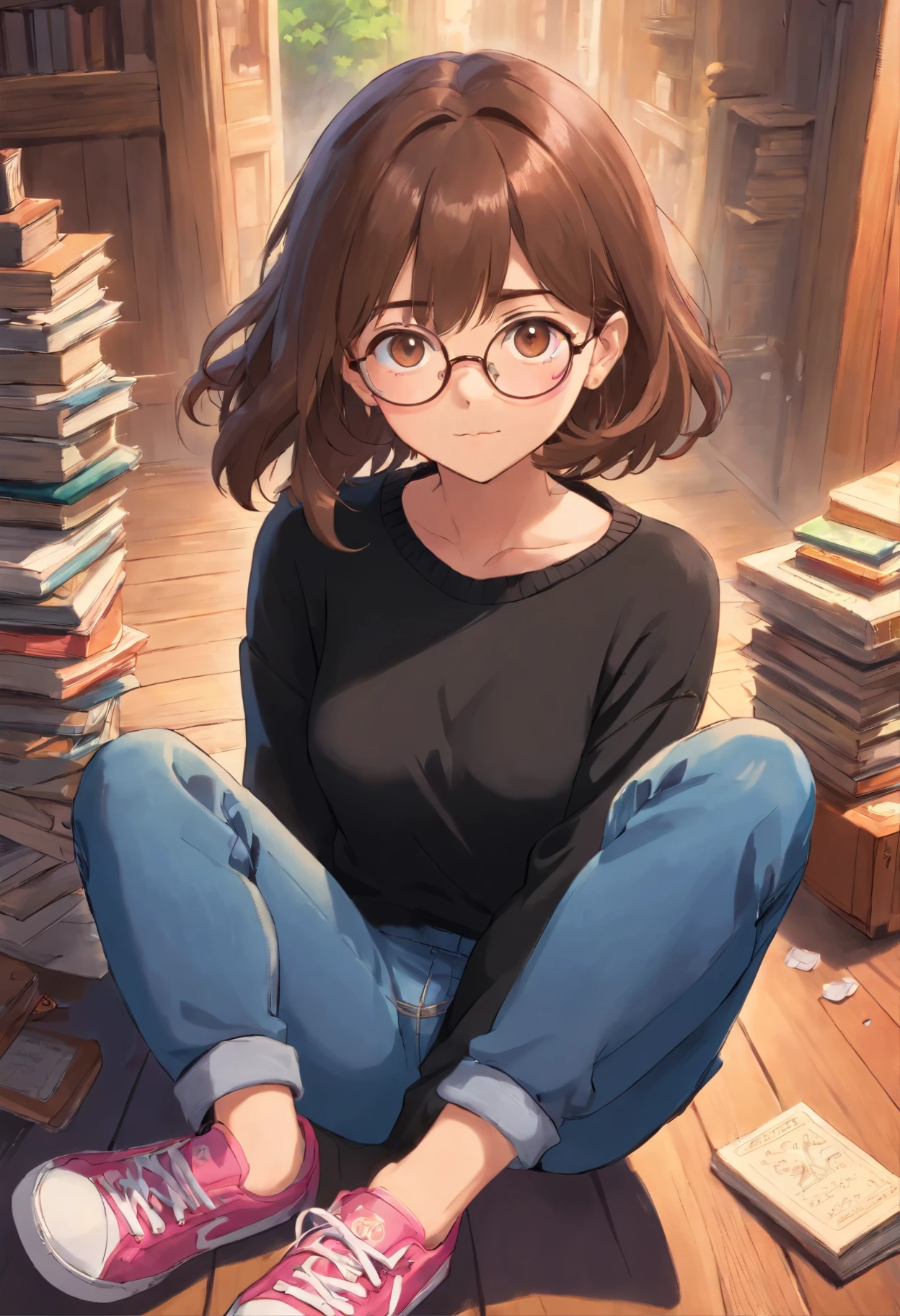 21 year old young woman ,Piel Morocha, brown hair ,brown eyes ,gold frame glasses ,Slender breasts ,black sweater ,Blue jeans, pink sneakers