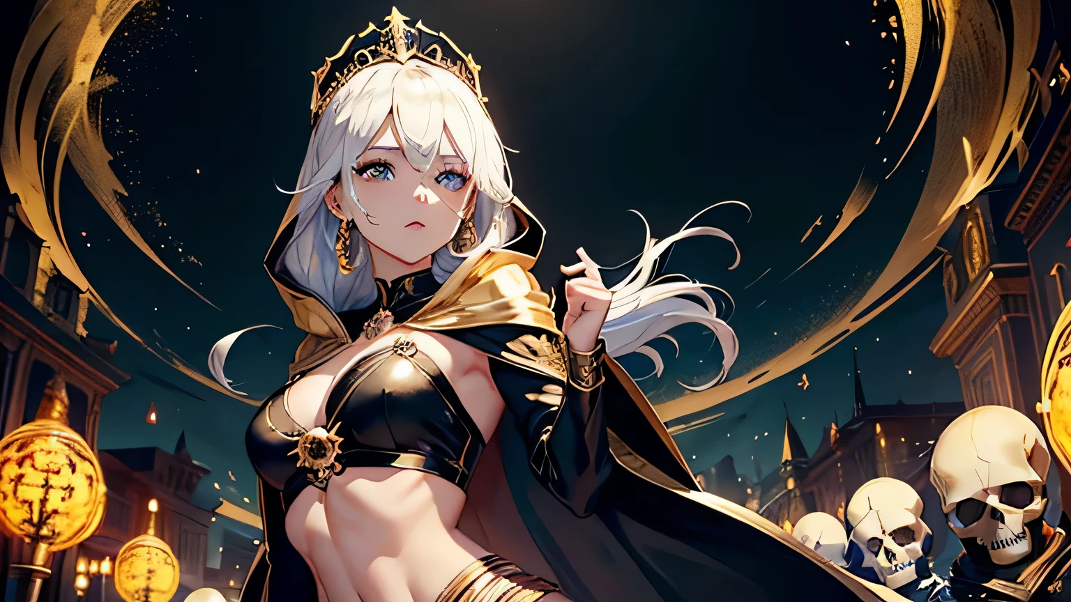 4K, A high resolution, Best quality at best, masterpiece, perfect colors, perfect shadow, perfect litthing, ((sportrait)), 1woman, fit-muscled body, bright yellow eyes,dark blue hair , blue eyes, With round lenses, The audience watched carefully, (s face: 1.2), Perfect female figure, ((standing)), ((beautiful queen in gold dress suite, tight crop top, wraping in luxurious gold hooded robes, gold roses and skull adorn her cloth, (tiara,roses,skull ornamental, black,dark))), ((shy and looking at viewert)), (Perfect thick white eyebrows) Delicate fur, 详细s face, s the perfect face, At a fantasy dark city , (model pose standing), energetic background, perfect dark city skyscape, lighting atmosphere, ((Bonifasko lighting)), (The round lenses on his eyes)(詳細な目), Perfect student, ((face close up))