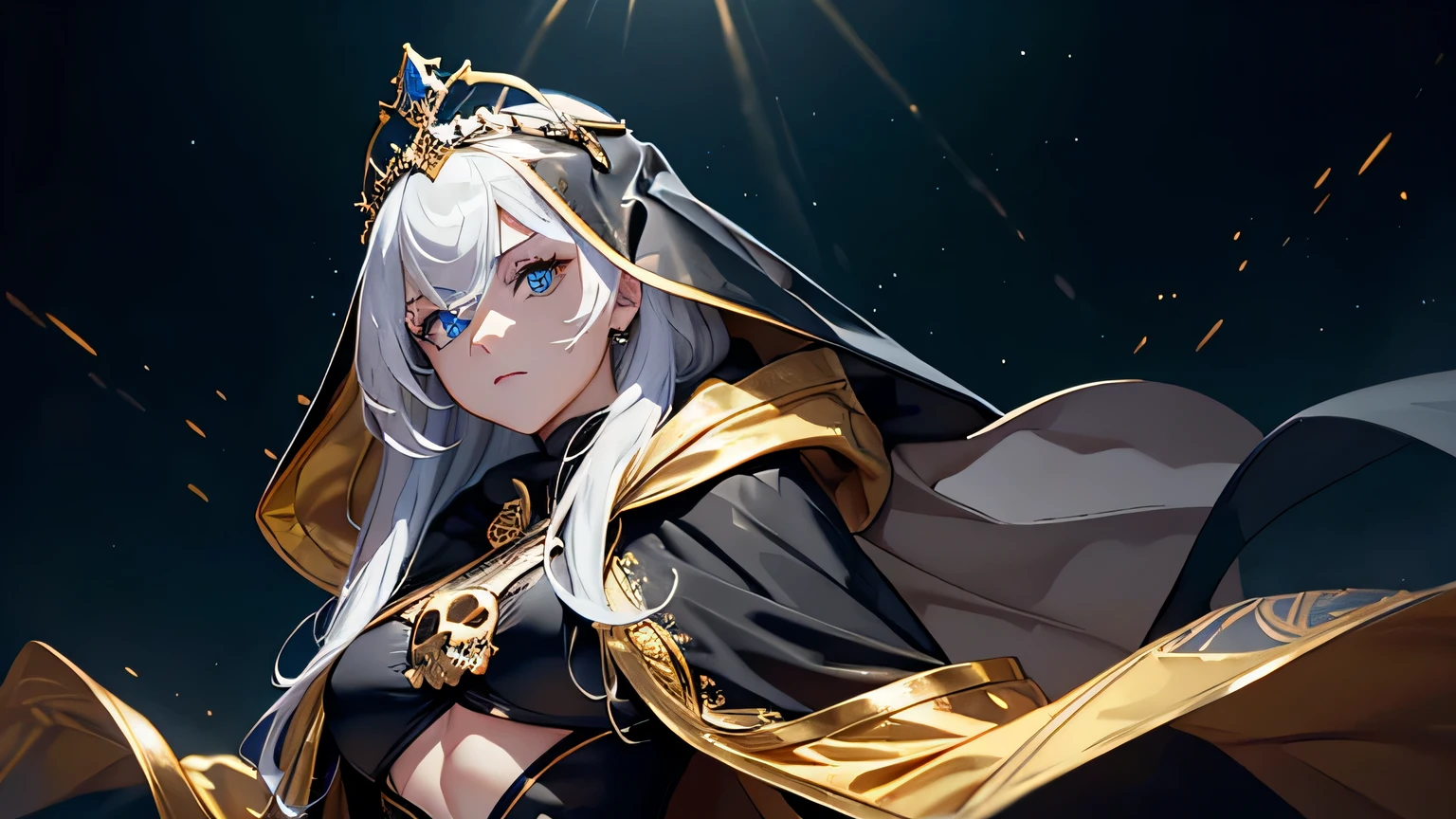 4K, A high resolution, Best quality at best, masterpiece, perfect colors, perfect shadow, perfect litthing, ((sportrait)), 1woman, fit-muscled body, bright yellow eyes,dark blue hair , blue eyes, With round lenses, The audience watched carefully, (s face: 1.2), Perfect female figure, ((standing)), ((beautiful queen in gold dress suite, tight crop top, wraping in luxurious gold hooded robes, gold roses and skull adorn her cloth, (tiara,roses,skull ornamental, black,dark))), ((shy and looking at viewert)), (Perfect thick white eyebrows) Delicate fur, 详细s face, s the perfect face, At a fantasy dark city , (model pose standing), energetic background, perfect dark city skyscape, lighting atmosphere, ((Bonifasko lighting)), (The round lenses on his eyes)(詳細な目), Perfect student, ((face close up))