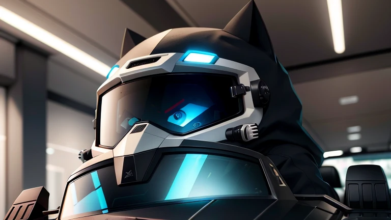 Protogen, stout, male, solo, slightly chubby, calm, claws, short spiky hair, serious expression, (neutral face), black and blue fur, black parka, blue goggles, (goggles on forehead), driving a mustang 1969,