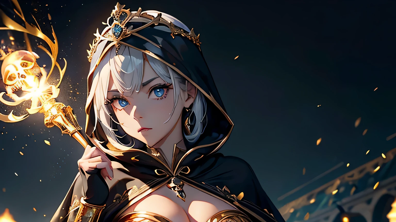 4K, A high resolution, Best quality at best, masterpiece, perfect colors, perfect shadow, perfect litthing, ((sportrait)), 1woman, fit-muscled body, bright yellow eyes,dark blue hair , blue eyes, With round lenses, The audience watched carefully, (s face: 1.2), Perfect female figure, ((standing)), ((beautiful queen in gold dress suite, tight crop top, wraping in luxurious gold hooded robes, gold roses and skull adorn her cloth, (tiara,roses,skull ornamental, black,dark))), ((shy and looking at viewert)), (Perfect thick white eyebrows) Delicate fur, 详细s face, s the perfect face, At a fantasy dark city , (model pose standing), energetic background, perfect dark city skyscape, lighting atmosphere, ((Bonifasko lighting)), (The round lenses on his eyes)(詳細な目), Perfect student, ((face close up))