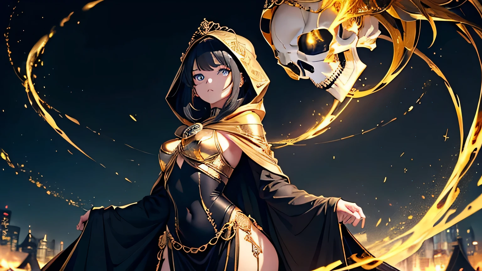 4K, A high resolution, Best quality at best, masterpiece, perfect colors, perfect shadow, perfect litthing, ((sportrait)), 1woman, fit-muscled body, bright yellow eyes，dark blue hair , blue eyes, With round lenses, The audience watched carefully, (s face: 1.2), Perfect female figure, ((standing)), ((beautiful queen in gold dress suite, tight crop top, wraping in luxurious gold hooded robes, gold roses and skull adorn her cloth, (tiara,roses,skull ornamental, black,dark))), ((shy and looking at viewert)), (Perfect thick white eyebrows) Delicate fur, 详细s face, s the perfect face, At a fantasy dark city , (model pose standing), energetic background, perfect dark city skyscape, lighting atmosphere, ((Bonifasko lighting)), (The round lenses on his eyes)(詳細な目), Perfect student, ((face close up))