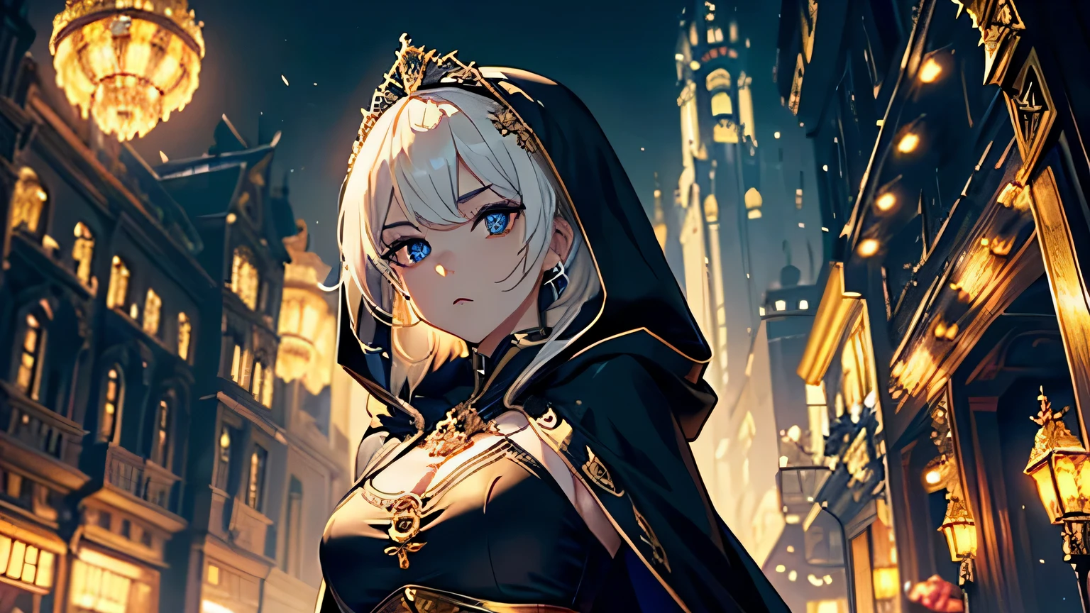 4K, A high resolution, Best quality at best, masterpiece, perfect colors, perfect shadow, perfect litthing, ((sportrait)), 1woman, fit-muscled body, bright yellow eyes,dark blue hair , blue eyes, With round lenses, The audience watched carefully, (s face: 1.2), Perfect female figure, ((standing)), ((beautiful queen in gold dress suite, tight crop top, wraping in luxurious gold hooded robes, gold roses and skull adorn her cloth, (tiara,roses,skull ornamental, black,dark))), ((shy and looking at viewert)), (Perfect thick white eyebrows) Delicate fur, 详细s face, s the perfect face, At a fantasy dark city , (model pose standing), energetic background, perfect dark city skyscape, lighting atmosphere, ((Bonifasko lighting)), (The round lenses on his eyes)(詳細な目), Perfect student, ((face close up))