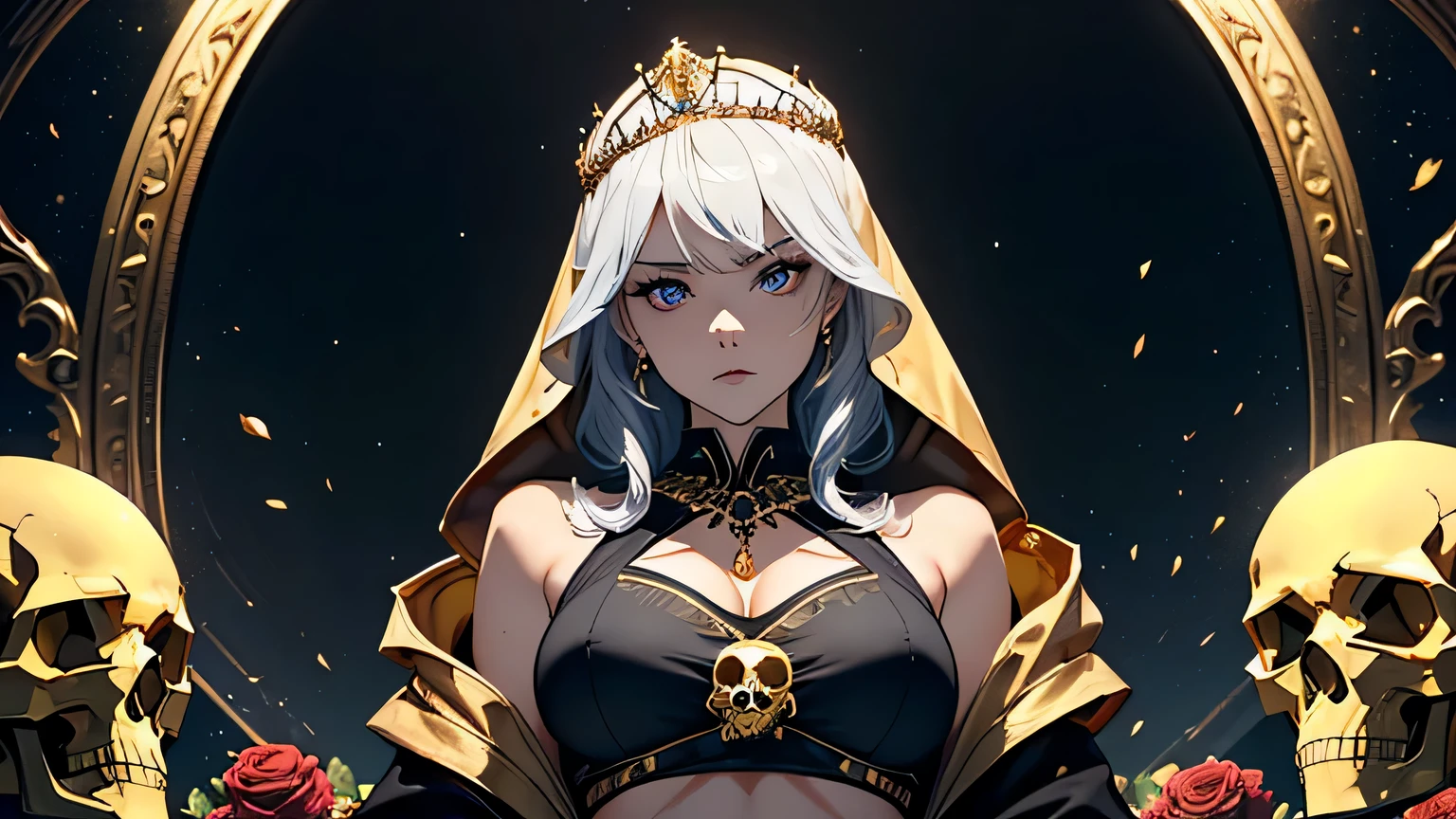 4K, A high resolution, Best quality at best, masterpiece, perfect colors, perfect shadow, perfect litthing, ((sportrait)), 1woman, fit-muscled body, bright yellow eyes,dark blue hair , blue eyes, With round lenses, The audience watched carefully, (s face: 1.2), Perfect female figure, ((standing)), ((beautiful queen in gold dress suite, tight crop top, wraping in luxurious gold hooded robes, gold roses and skull adorn her cloth, (tiara,roses,skull ornamental, black,dark))), ((shy and looking at viewert)), (Perfect thick white eyebrows) Delicate fur, 详细s face, s the perfect face, At a fantasy dark city , (model pose standing), energetic background, perfect dark city skyscape, lighting atmosphere, ((Bonifasko lighting)), (The round lenses on his eyes)(詳細な目), Perfect student, ((face close up))