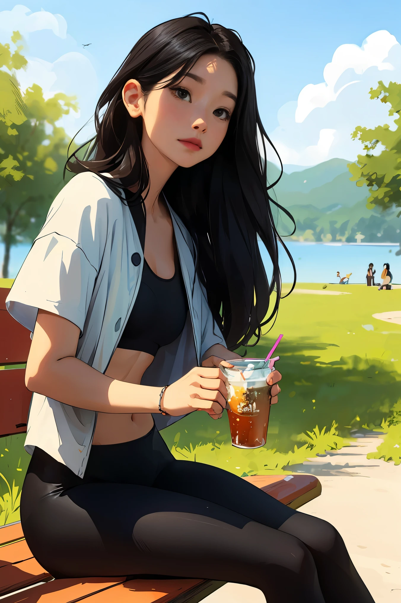 Animated woman drinking a drink sitting on a park bench on a warm afternoon with a lake visible in the distance, Realistic beauty illustration, Animated woman drinks energy drink, with a drink, beautiful picture style, realistic art style, Realistic anime art style, holding a drink, Realistic anime art style, long 생 머리를 단정하게 뒤로 묶음 일리아 쿠브시노프, in anime style, mysterious park woman(masterpiece:1.4), (best quality:1.4),front,Woman wearing tight black leggings and black bra top, 투피스 Sportswear, Sportswear ,On the right is the Adidas logo.,vivid colors, soft focus, light leak, dreamy atmosphere, experimental charm, Retro charm break color field painting, various colors, abstract expressionism, Bold colors, emotional impact, atmospheric depth, MINIMALIST APPROACH BREAK, Beautiful woman, UHD (ultra detail) viewers who see it.., different, fancy, long, 갈색으로 염색한 머리를 뒤로  묶은 long 머리 🌈, leggings clothing, White stardust in dark areas, absurd, high resolution, very detailed, (1 woman : ), vivid colors, soft focus, light leak,