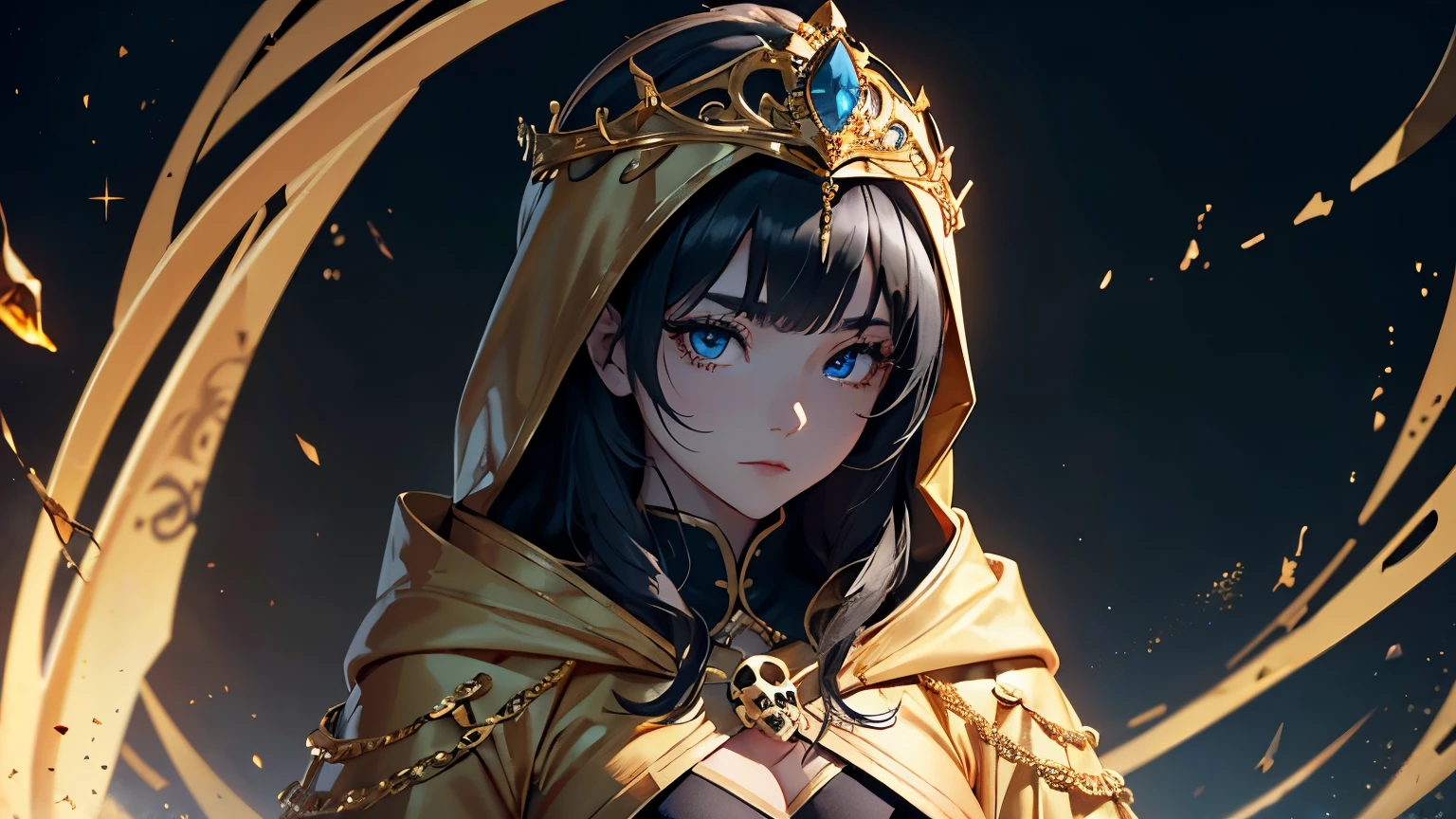 4K, A high resolution, Best quality at best, masterpiece, perfect colors, perfect shadow, perfect litthing, ((sportrait)), 1woman, fit-muscled body, bright yellow eyes,dark blue hair , blue eyes, With round lenses, The audience watched carefully, (s face: 1.2), Perfect female figure, ((standing)), ((beautiful queen in gold dress suite, tight crop top, wraping in luxurious gold hooded robes, gold roses and skull adorn her cloth, (tiara,roses,skull ornamental, black,dark))), ((shy and looking at viewert)), (Perfect thick white eyebrows) Delicate fur, 详细s face, s the perfect face, At a fantasy dark city , (model pose standing), energetic background, perfect dark city skyscape, lighting atmosphere, ((Bonifasko lighting)), (The round lenses on his eyes)(詳細な目), Perfect student, ((face close up))