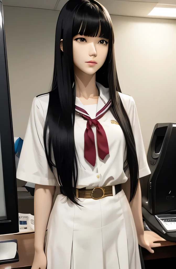 1 full body mannequin,That mannequin is Aya Matsuura.,That mannequin is 45 years old.,mannequin color&#39;The face is pure white.,mannequin color&#39;The body is pure white.,The mannequin has black hair(very flat straight hair,bangs),mannequin is wearing a girl&#39; high school uniform.,A mannequin is touching a computer screen.