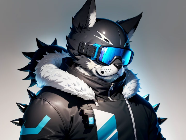 Protogen, stout, male, solo, slightly chubby, calm, claws, short spiky hair, serious expression, (neutral face), black and blue fur, black parka, blue goggles, (goggles on forehead)