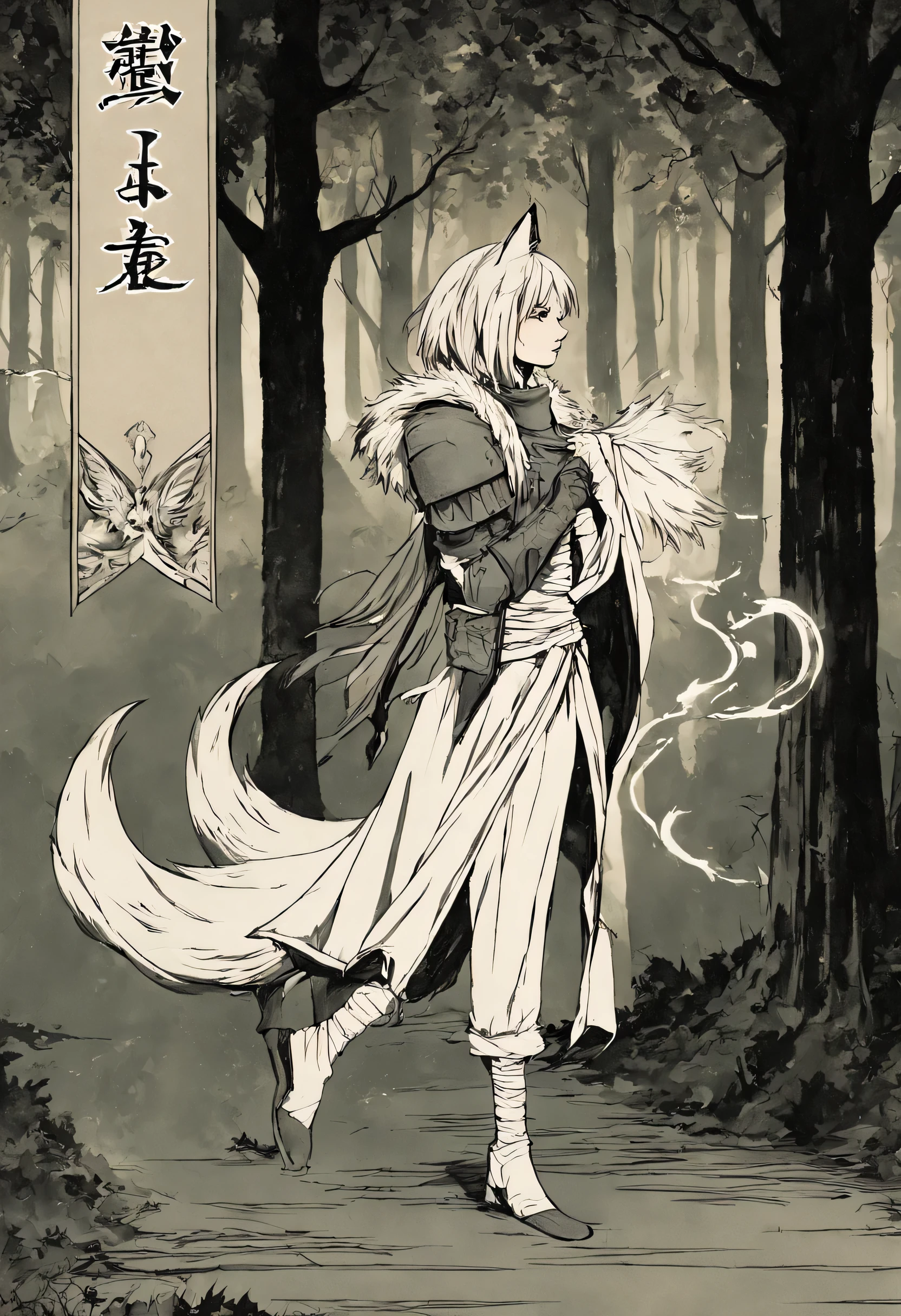 (monochrome:0.7), Feminine looking Fox, Kitsune, boy with light hair, tail and ears, holding a fan in one hand, magic swirling around one arm in a dark forest, bandaged arms, wearing worn robes and light armor, (Dingy clothing, robes and pants, small armor pieces covering the body), Armin Hansen, official art, a character portrait, fantasy art