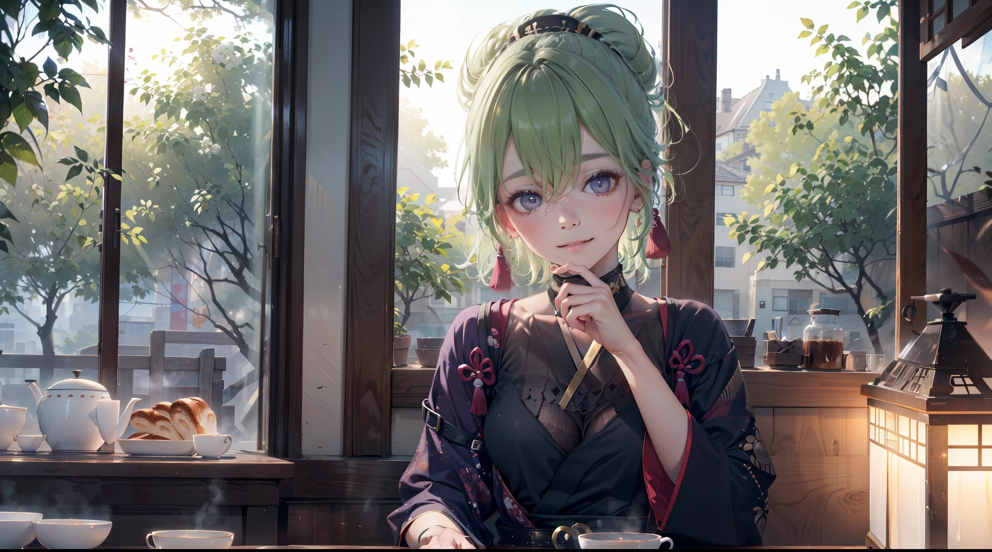 (best quality,8k,highres,masterpiece:1.2),(realistic,photorealistic,photo-realistic:1.37), ในตาสีม้วง, ชุดเมดแบบคลาสสิค, traditional Japanese bakery,beautiful detailed eyes,happiness,glowing eyes,smiling,peaceful atmosphere,traditional Japanese clothes,working(คุณภาพดีที่สุด,เต็มรูปแบบ,โฆษณา:1.2),แสงสว่างและอบอุ่น,หวานง่มงวง,ความสุขบริบูรณ์,รอยยิ้มสดใส,sakura tree,tranquil,aroma scent,dreamlike,vivid colors,subtle lighting,traditional Japanese tea set,lively ambiance