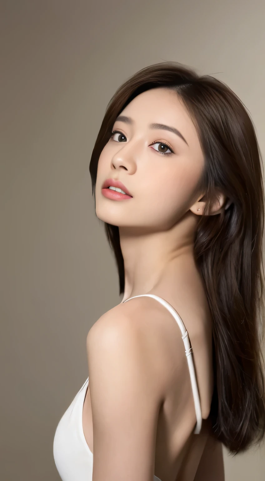 ((best quality, 8k, masterpiece :1.3)), sharp focus :1.2, beautiful woman,Perfect body :1.4, Slim abs :1.2, ((Dark brown hair, big breasts :1.2)), (White backless dress :1.1), White technology sense background:1.2, (full-body shot:1.1), (Looking up angle:1.3), Highly detailed face and skin textures, exquisite eyes, double eyelids
