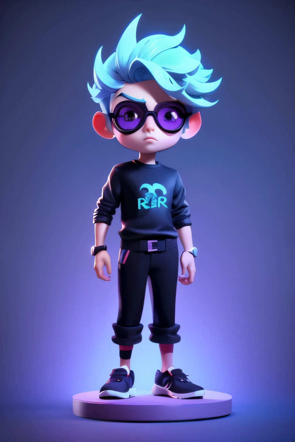 3d male character,Purple hair with pink gradations, blue tips, black VR glasses on the head, black and purple eyes, wearing a black long-sleeved shirt with a purple edge with a logo on the shirt that says "REXUR", black pants.,(full body:1.2),simple background, Masterpiece,best quality,(blue gradient background:1.1)