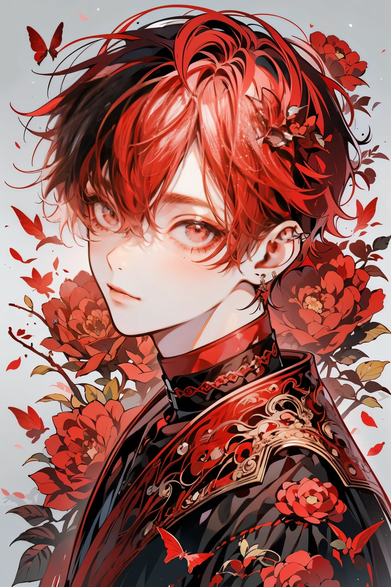 (masutepiece), (Best Quality), Highly detailed, 1 boy, Solo Focus,Perfect face, Beautiful face, extra detailed face,(Red-haired:1.3),(Red eyes:1.3),florals,butterflys々,floralsびら,optic