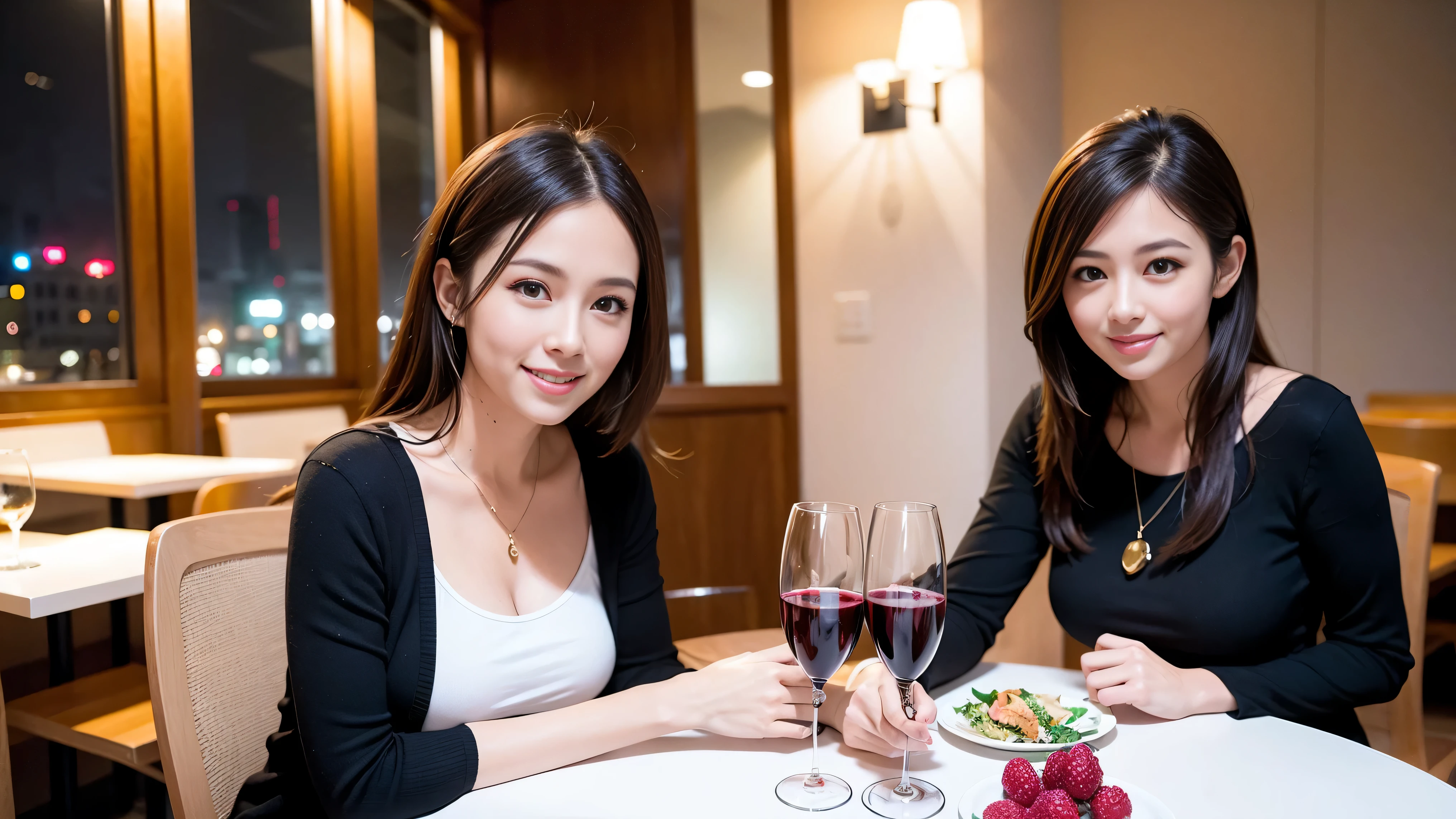 64k, Hmm, highest quality, masterpiece: 1.2), (realistic, photorealistic: 1.37),やわらかなsmile、gentle expression、 Super detailed, celebration party、beauty、charm、beautiful mature woman、3 women who love wine、three men、Tokyo、Yokohama、Paris、venice、Rome、Champagne、sparkling wine、winter night、restaurantでワイン宴会、(slimな男女4名),(Wine party for 5 people)、(slimフェイス),Happy、 最高なsmile、fox mask、Berry Short、(because I'thin), (brown hair), (shortcut), long sleeve shirt、winter fashion、Columbia、Brazilian、Japanese、Dutch、German、Portuguese、Belgian、Italian、French, (Squirting), (slimボティ), (brown hair), (shortcut), 端正なbeauty、cheeks turn a little red, (41 years old), 38 years old, 35 years old、32 years old、 A beautiful and detailed night view spreads out outside the window............, restaurant, wine glassが座っている, At night, in a prominent place (from the Upper body) nova frog style, actress, model, Upper body, White wine, slim, wine glass, Very beautiful night view, wine glass Put in the Middle, Happy smile, (smile: 1.15),