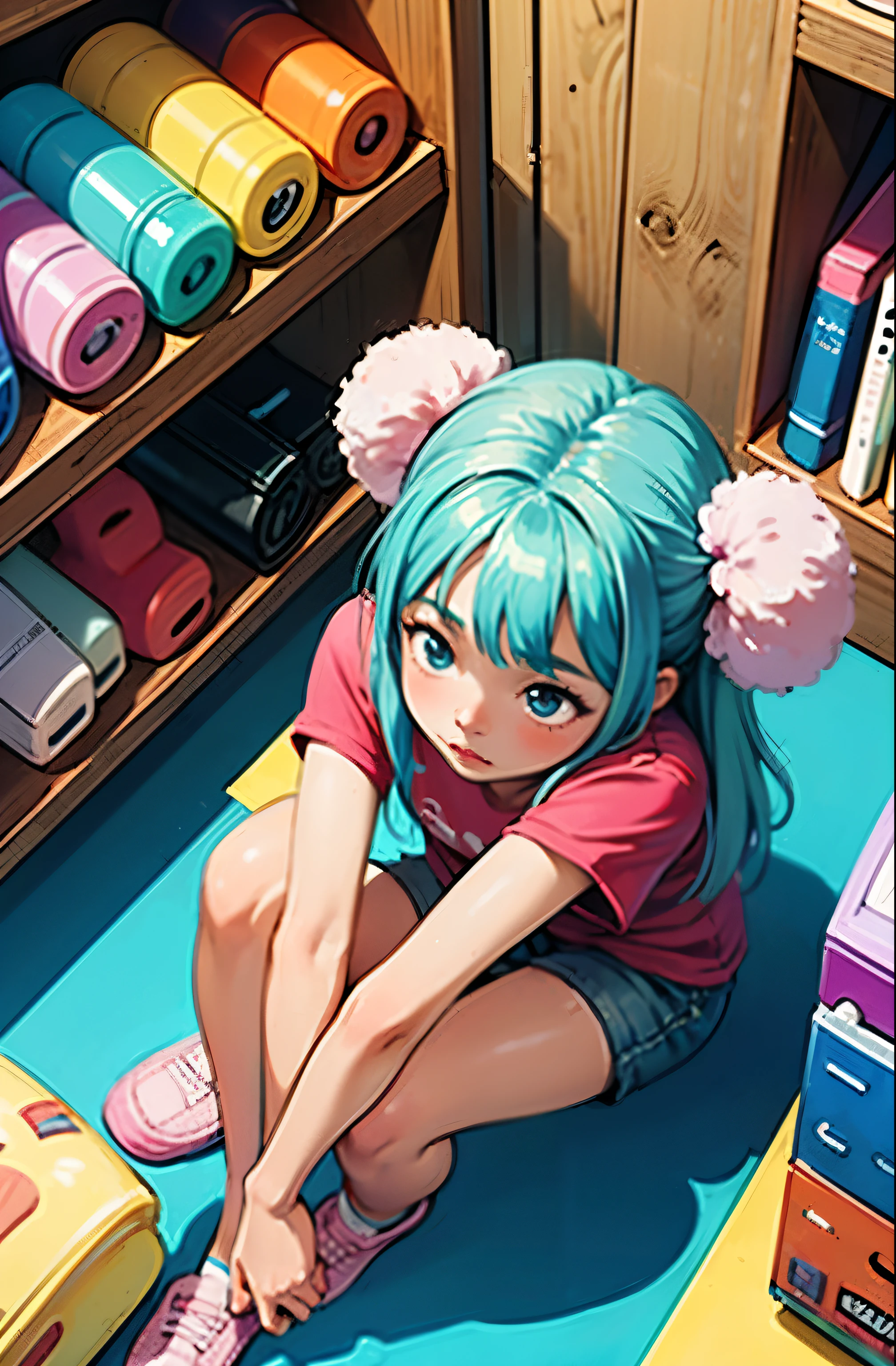 (masterpiece, highest quality), (colorful:1.4), From above, alone, A girl squats on the ground in a store with many stuffed animals lined up on the shelves, written boundary depth,head whole,Pinky T-shirt,cute,