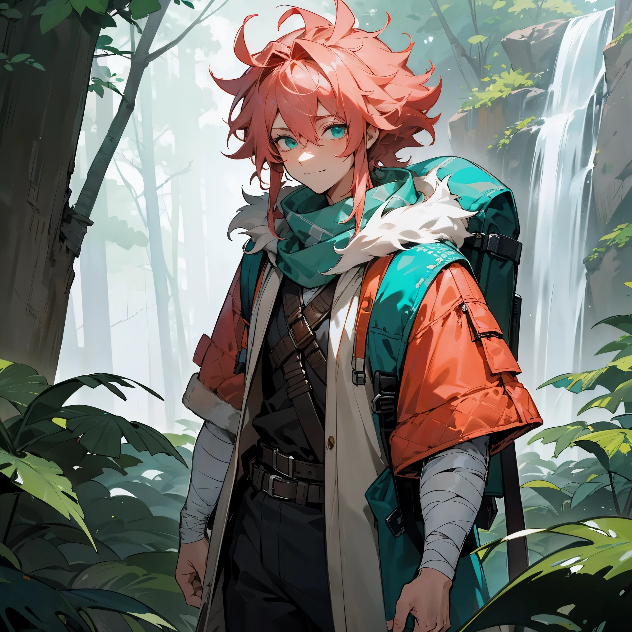 1male, young teen, medium messy hair, coral colored hair, finely detailed aqua eyes, casual adventurous clothes, jacket with fur hood on head, damaged scarf, bandolier across chest, bandages wrapped around arms, hiking backpack, forest, grotto, waterfall, walking down path, confident evil smile