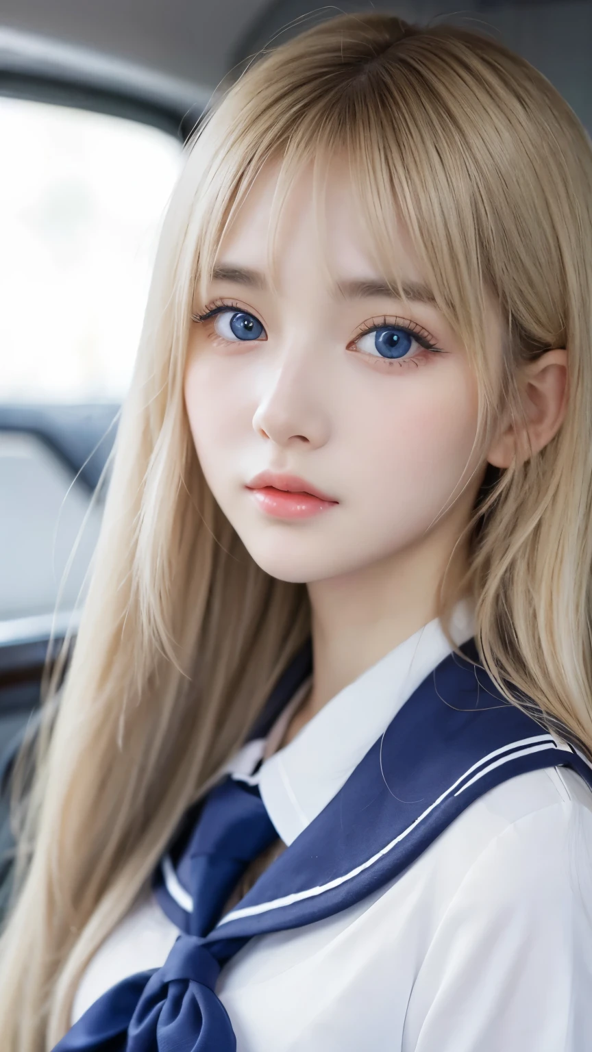 beautiful cute face girl、beautiful blonde straight super long hair、half body shot、beautiful long bangs、Very beautiful bright and shining pale sky blue eyes、very big eyes、blonde between the eyes、round face、blonde hair above the eyes、片blonde hair above the eyes、school uniform、sailor suit、Very white and young beautiful skin、cheek gloss、cheek highlights、small face beauty
