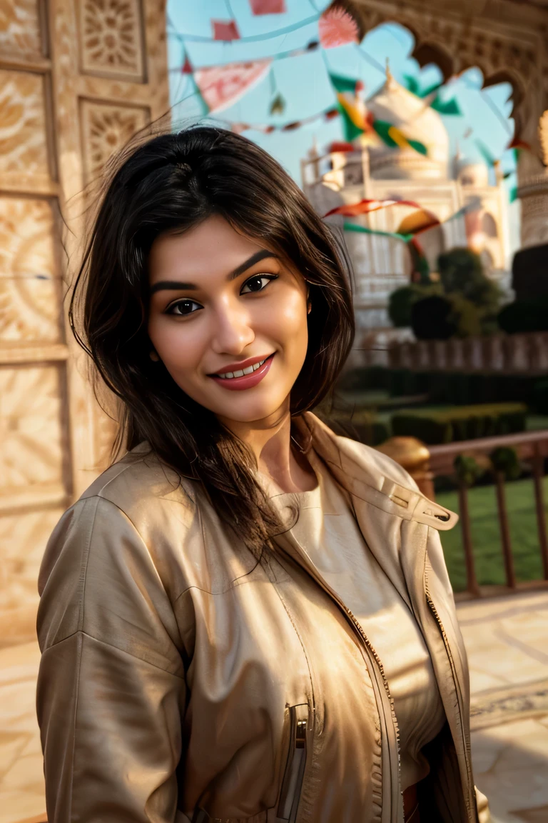 Realistic photo of (yaelaris: gr4c3f:0.5)  in jacket on top ,( taj mahal background), playful smile, beautiful face, furious dark haired women, gorgeous goddess female , analog style, looking at viewer, skin texture, film grain, close up, ultra high res, best shadow, RAW, instagram LUT