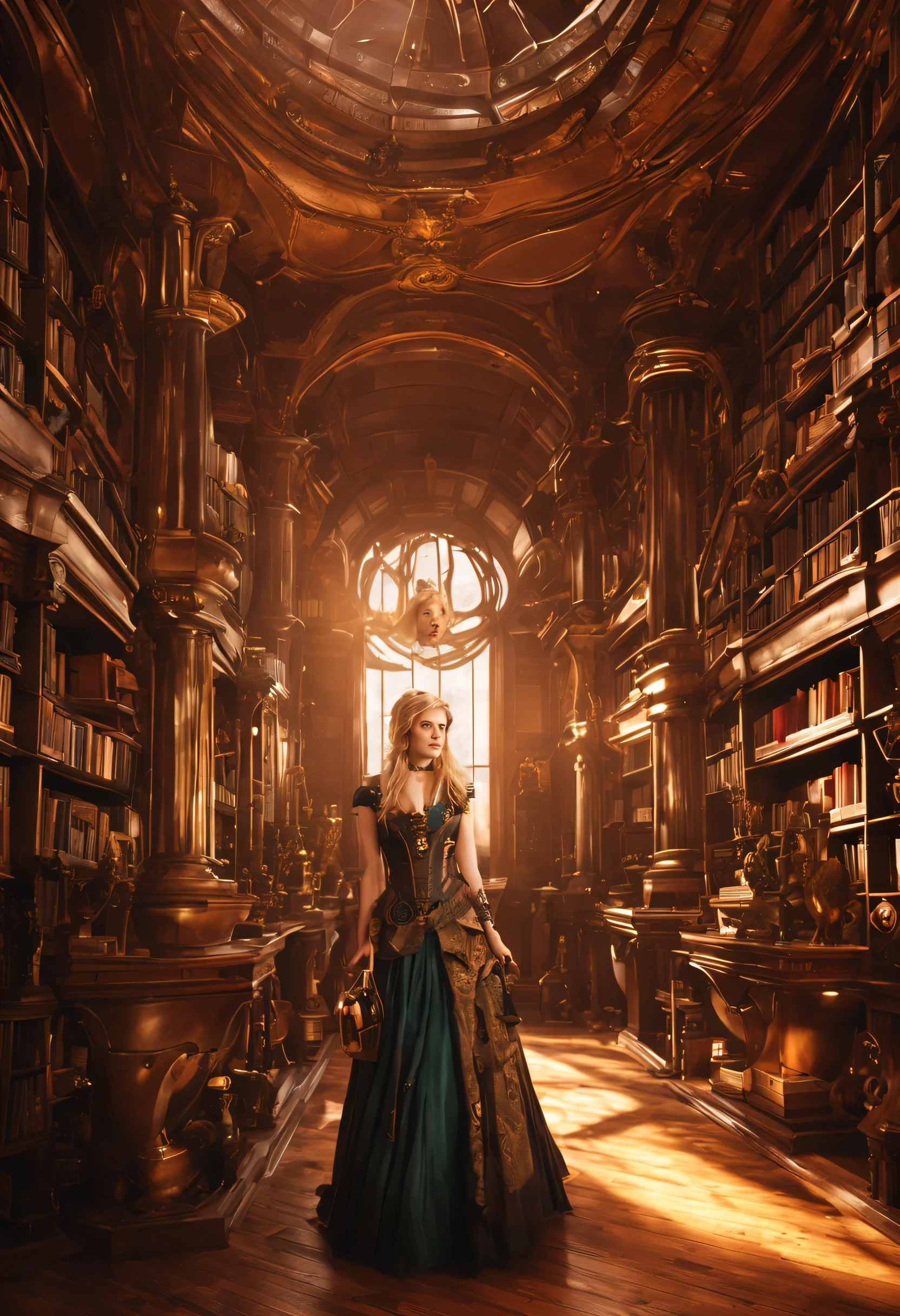 photo of (((young and beautiful blonde woman))), in mini skirt ,in a ((massive)) (((steampunk library))) interior with multiple levels and elven influences. The ornate library is grand and awe-inspiring with saturated colors, sharp focus, and a fantasy steampunk ambience. The wood in the library should be very dark cherry wood with gilded copper accents. Include stained glass and beautiful books. Use many small details and enhance the fantasy aura of the image. The books should be highly detailed and be different colors and different sizes. Utilize ambient lighting to dramatic effects and create visual interest and depth of field. Include lots of copper detailing and polished fixtures. Intimate but grand and impressive. Hires, 8k, hyperrealistic, extremely detailed, ultra-detailed, cool steampunk accents. Camera: wide shot showing multiple levels, lots of bookcases, and steampunk staircases and dirigibles. In the style of Stanislav Vovchuk and midjourney beeple. Lighting: warm lighting