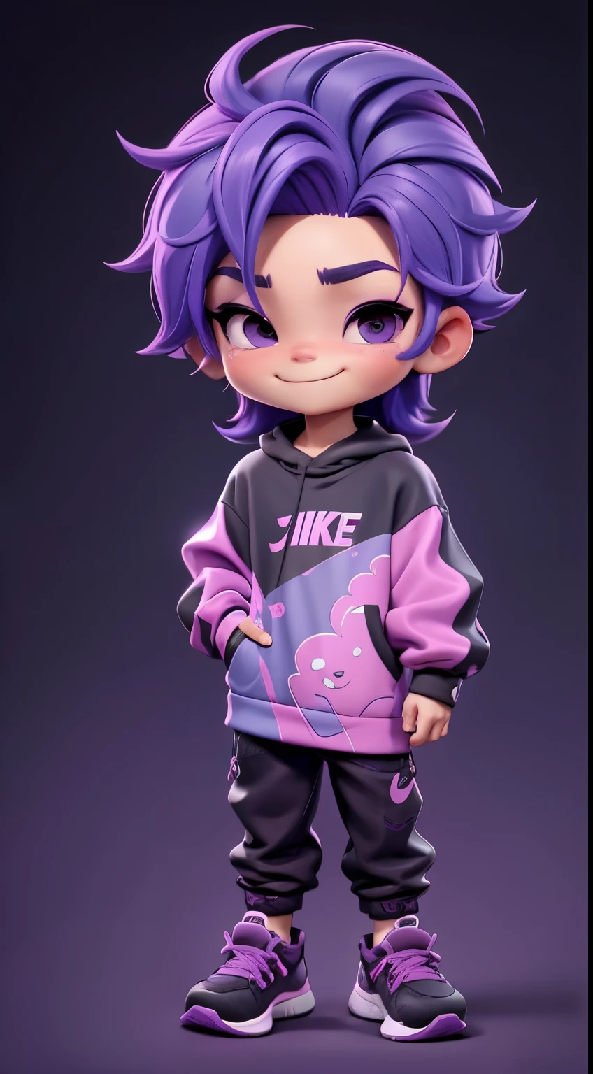 chibi boy, smile,Wears a black hat, purple-pink hair with blue tips, black eyes, wears a black long-sleeved shirt with a purple pattern on the edge, black pants. Black and white Nike shoes