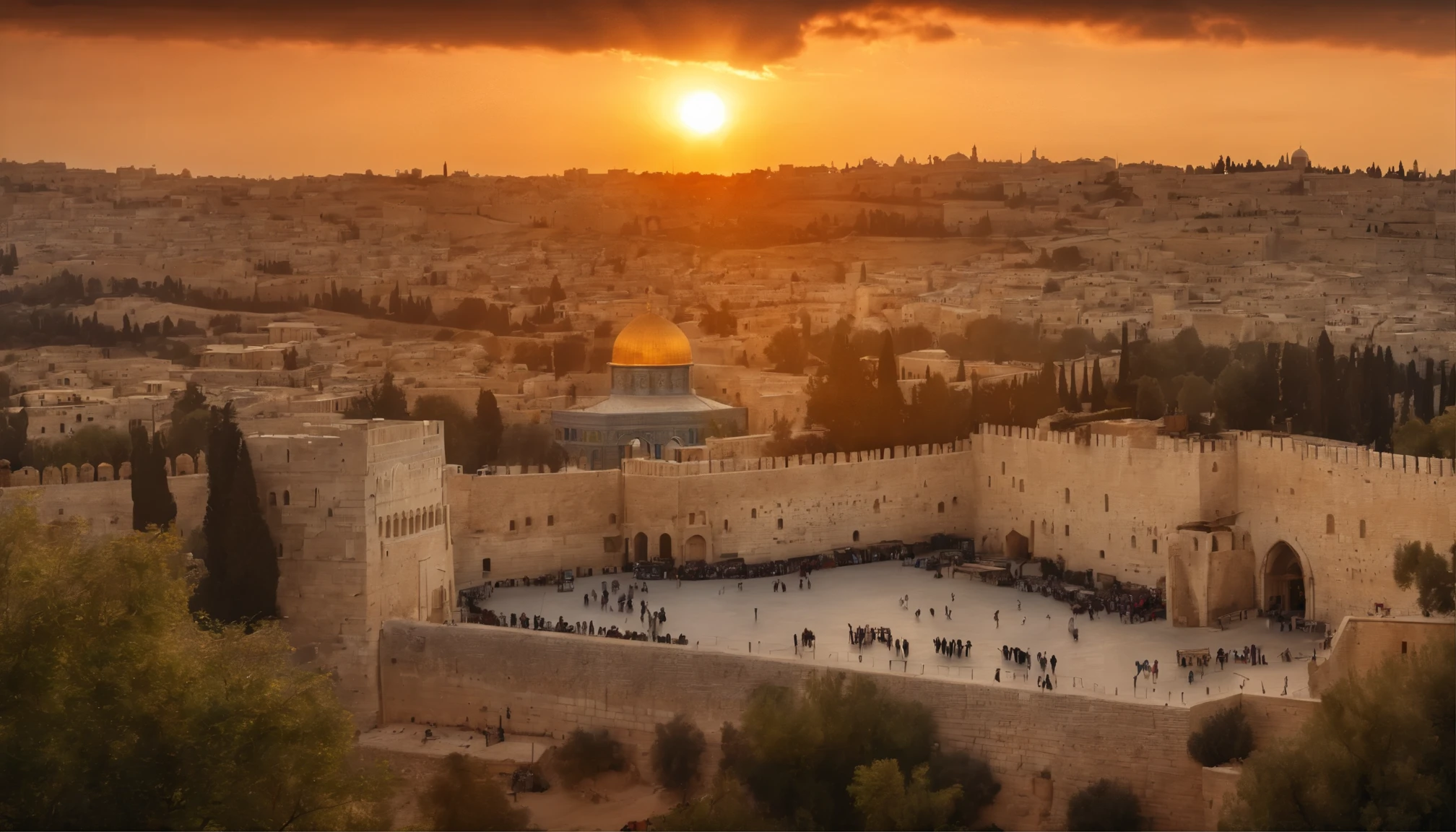 The sun descends from the clouds on the crowds of Jerusalem, realistic images, be familiar with, masterpiece, 8K - 16:9