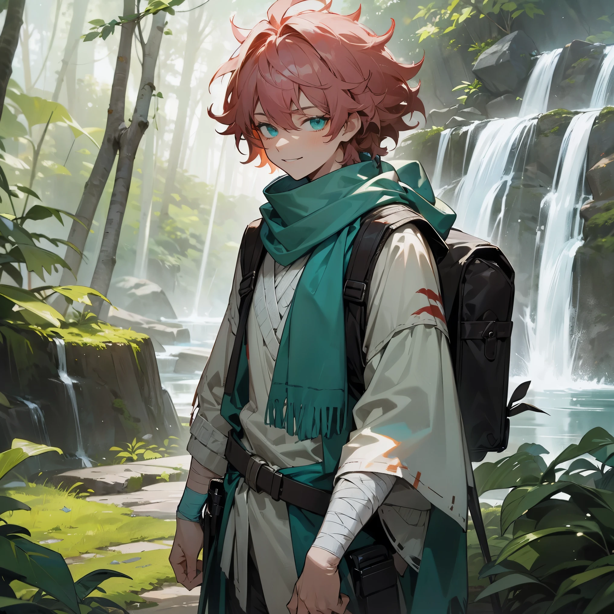 1male, young teen, medium messy hair, coral colored hair, finely detailed aqua eyes, casual adventurous clothes, loose poncho, damaged scarf, bandolier across chest, bandages wrapped around arms, black hiking backpack, forest, grotto, waterfall, walking down path, confident evil smile