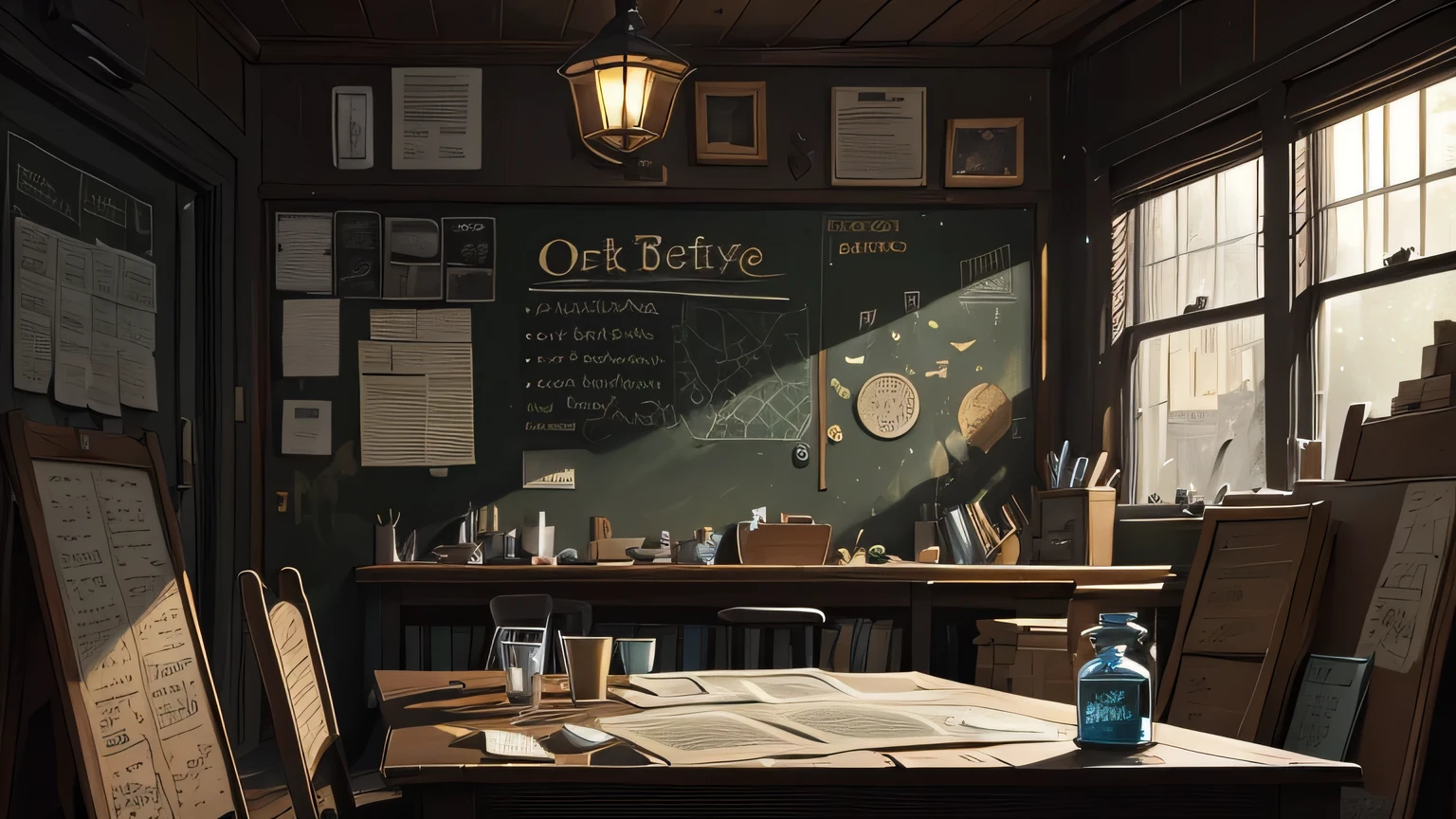 detective agency，messy table，hand drawn style，A blackboard filled with clues and maps，And potions，pure scene，The picture is very dark，in a darker place，It&#39;s a puzzle game atmosphere
