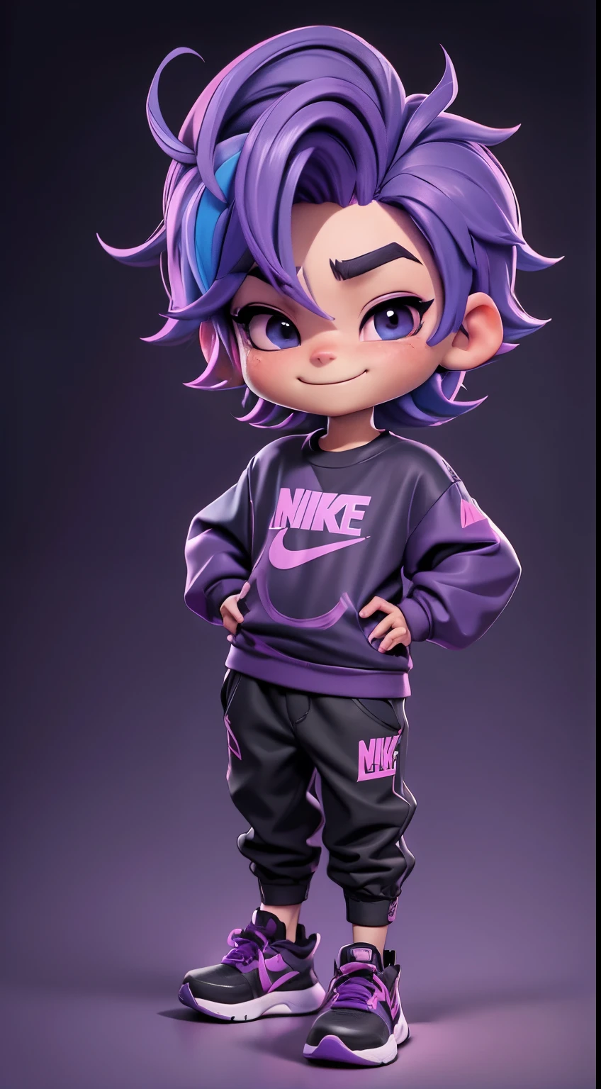 chibi boy, smile,wearing a black hat, Pinkish purple hair with blue tips, black eyes, He wore a black long-sleeved shirt with a purple pattern on the edge., black pants. Black and white Nike shoes with the word REXUR XT on the shirt.