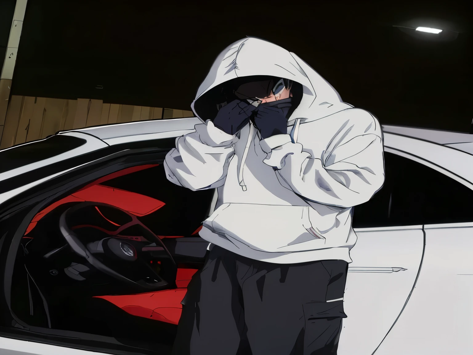arafed man in a hoodie standing next to a car, in a hood, anonymous as a car, hood covers his eyes, gta chinatowon art style, cyberpunk street goon, gta art style, in a hoodie, bladee from drain gang, badass anime 8 k, high quality anime artstyle, hooded figure, grand theft auto style, gta 6 style