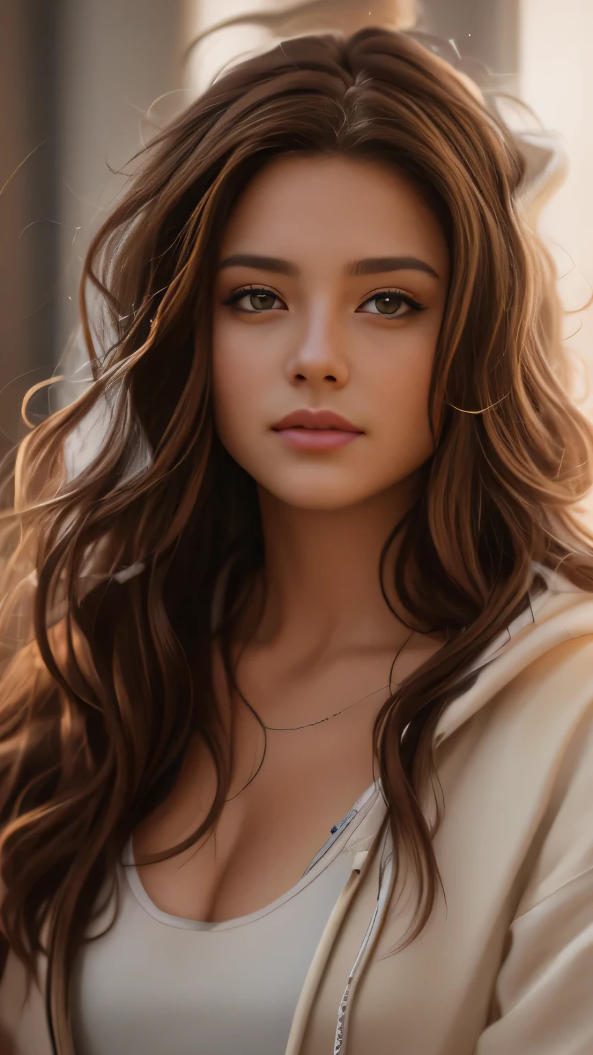 arafed woman with long brown hair and a hoodie posing for a picture, realistic digital painting, realistic digital art 4k, realistic digital art 4 k, gorgeous digital painting, beautiful digital painting, realistic artstyle, stunning digital painting, 8 k realistic digital art, beautiful digital artwork, photorealistic digital painting, realistic art style, soft portrait shot 8 k